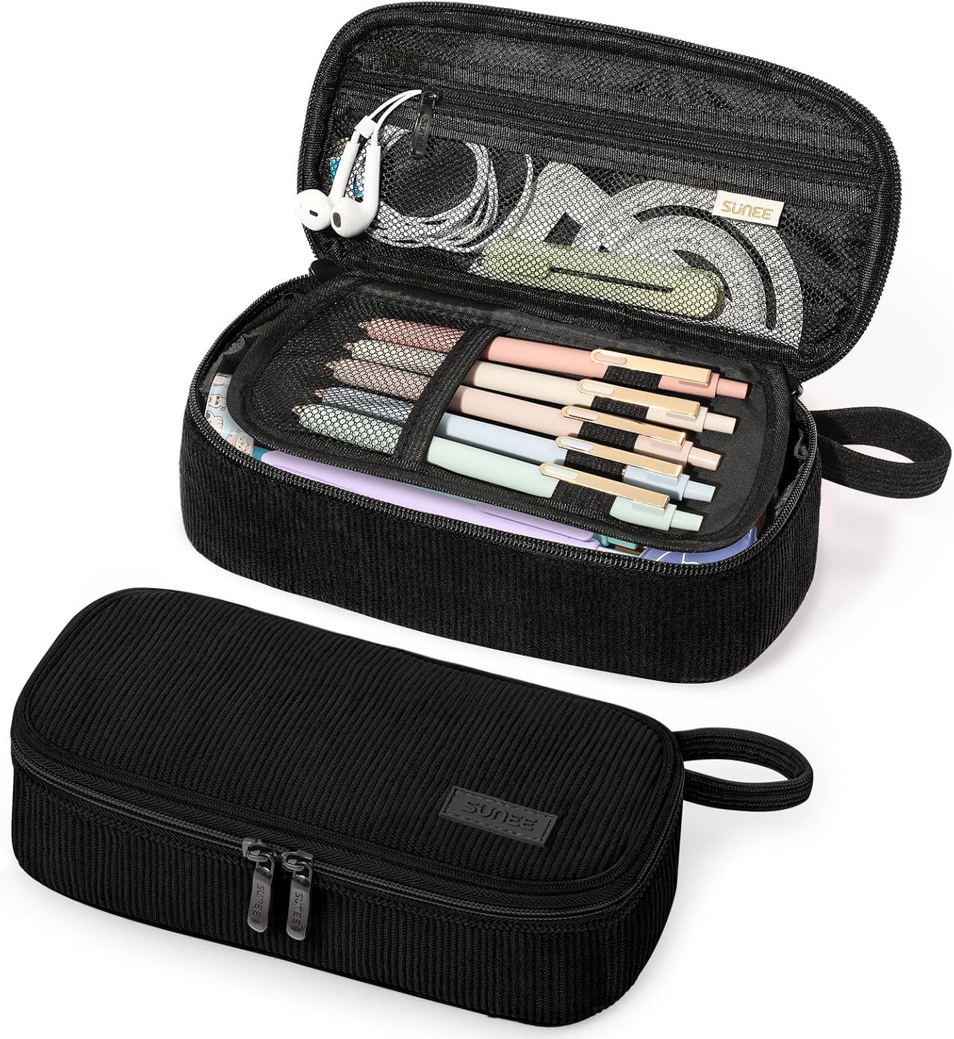 SUNEE Cute Pencil Case, Large Capacity Pencil Pouch Aesthetic Zipper Pencil Bag, Big Storage Pen Organizer for Stationery, Soft Corduroy Pencil Box Back to School Supplies for Teen Girls Boys, Black
