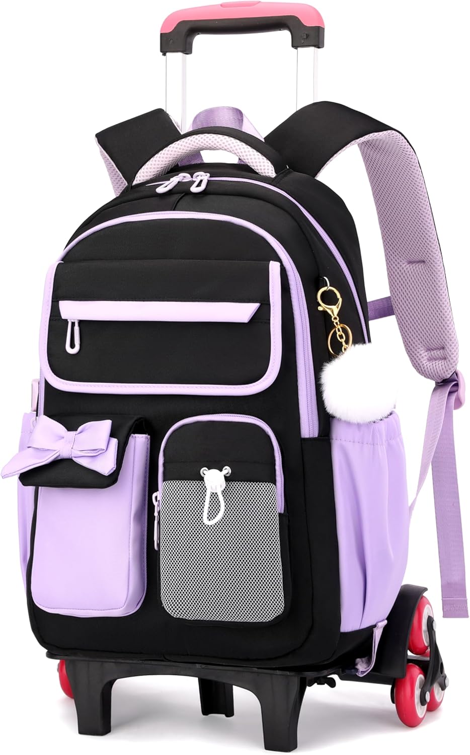 Rolling Backpack for Girls Kids Trolley Rolling School Bag Wheeled Backpack for Elementary School Roller Bookbags on 6 Wheels, Black Purple