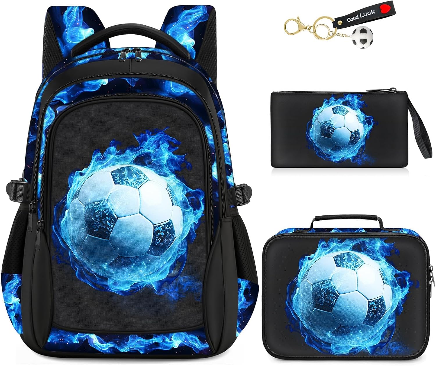 School Backpacks for Boys – 4pcs Soccer Boys Backpacks with Lunch Box Set for Kids Teens Elementary Middle School, 17″ Large Capacity Students Bookbag, Perfect for Travel