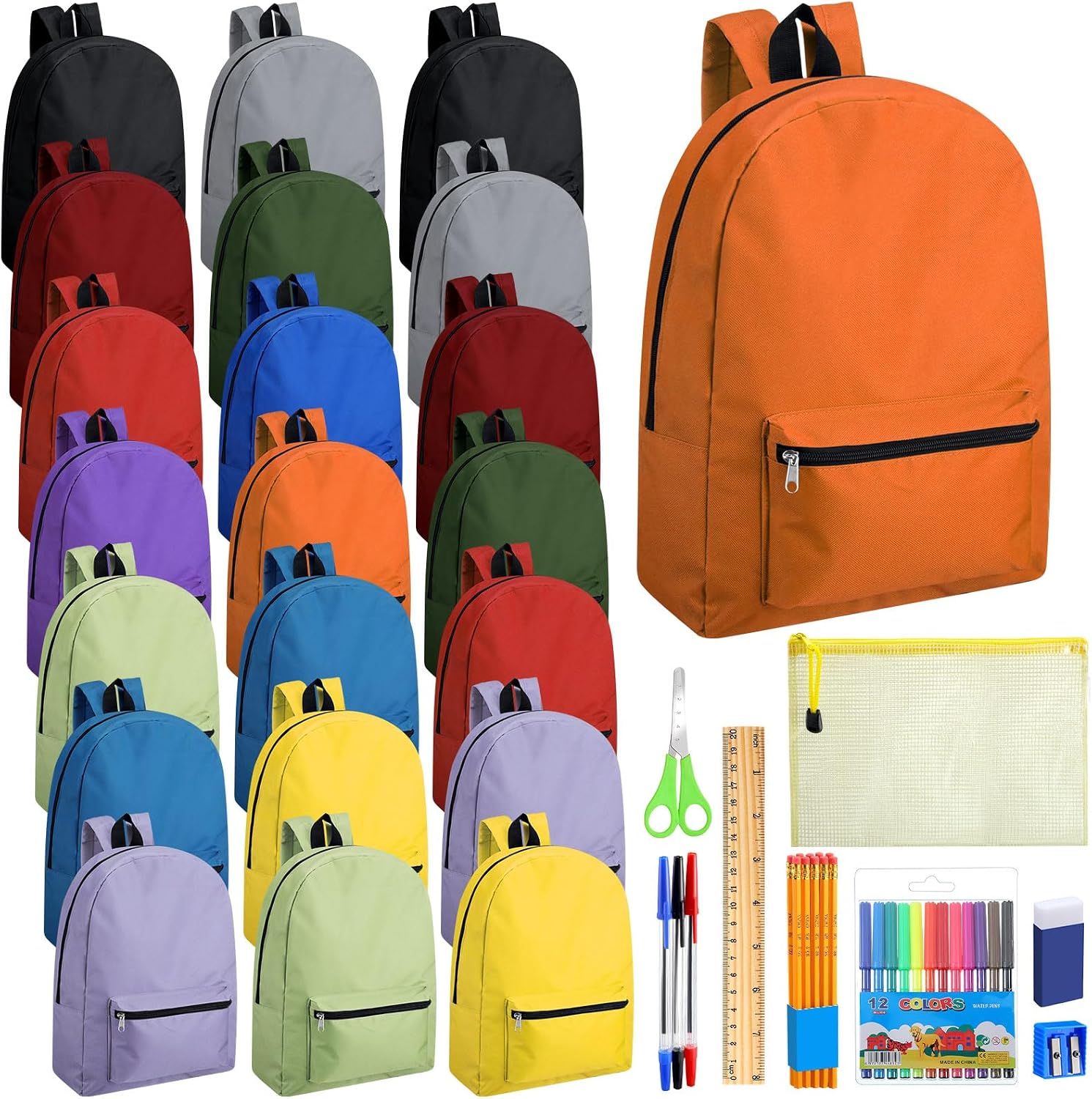Silkfly 24 Pack 17” Backpacks Bulk with 24 Stationery Supply Sets, Bookbags and Writing Accessories Kit for Donation(Multicolor)