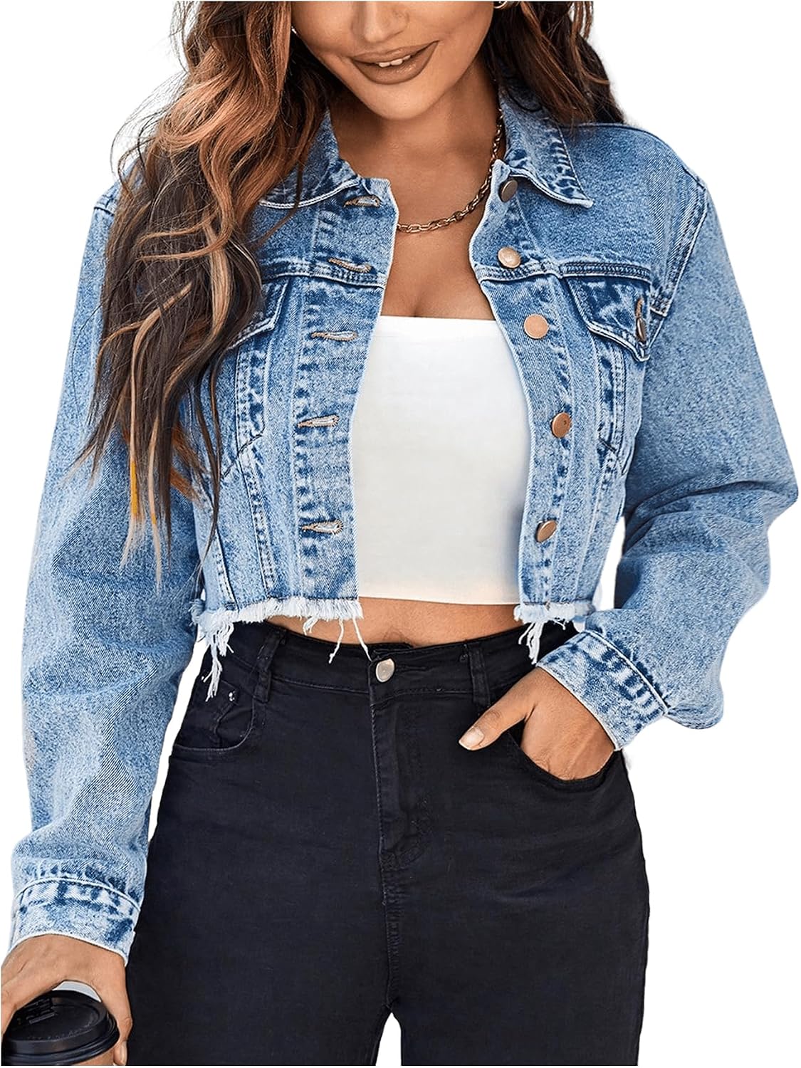 Floerns Women’s Raw Hem Long Sleeve Button Down Pocket Cropped Denim Jean Jacket