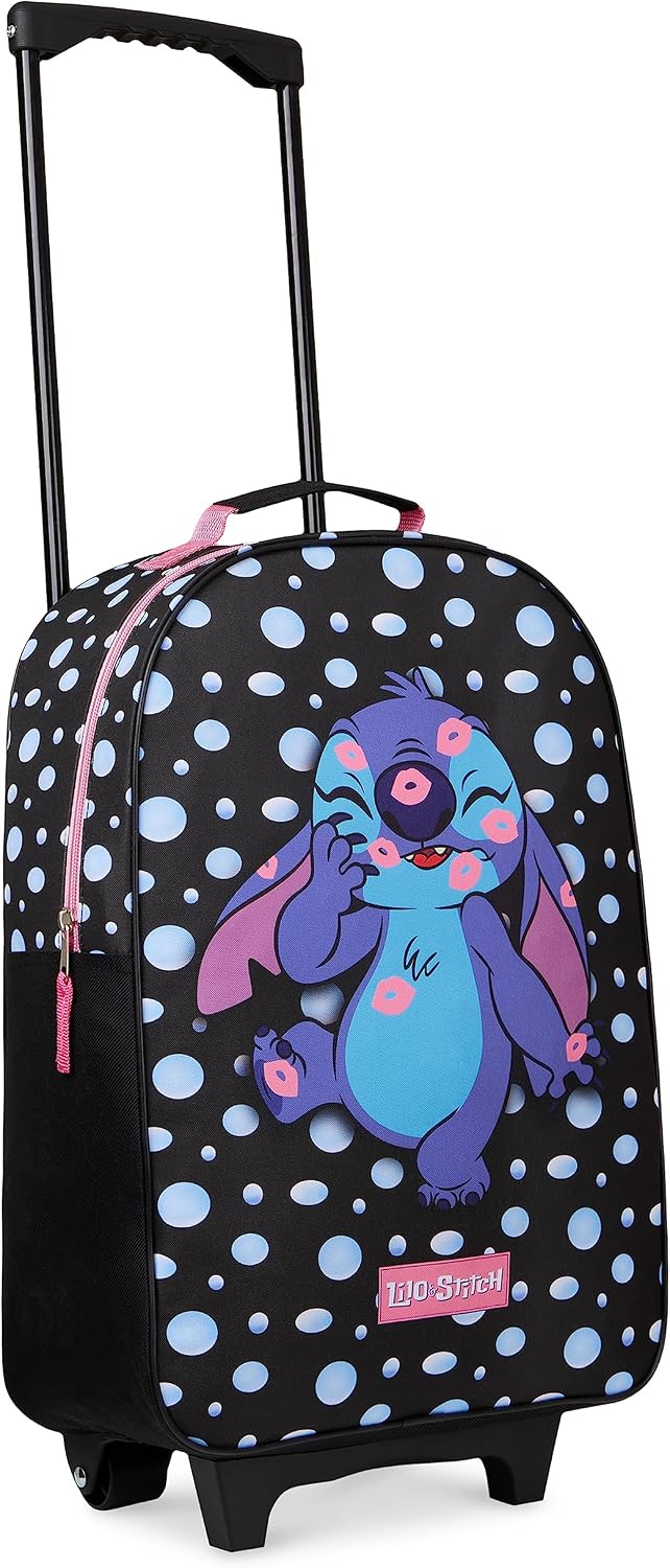 Disney Kids Rolling Luggage 16.0×11.6 in, 16‑L Carry‑On Suitcase with Wheels, Foldable Lightweight Travel Bag, Gifts for Kids (Black Stitch)