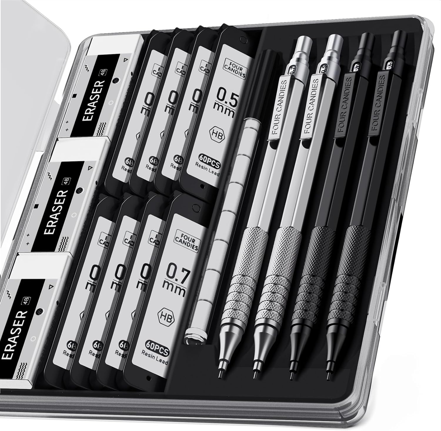 Four Candies 4PCS 0.5mm & 0.7 mm Metal Mechanical Pencils Set, 480PCS Lead Refills, 12 Erasers, Cool Lead Pencil with Case for School Writing, Sketching, Technical Work, Art Projects, Black & Silver