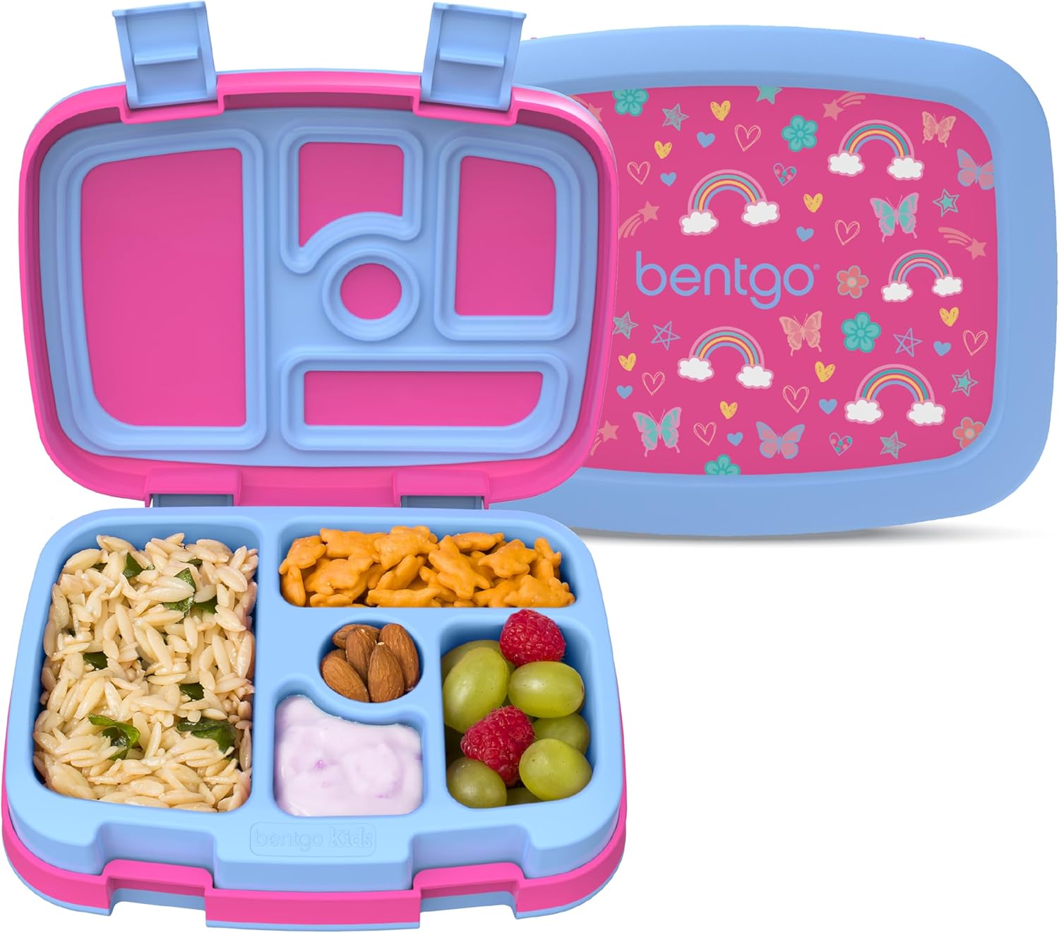 Bentgo Kids Prints Leak-Proof, 5-Compartment Bento-Style Kids Lunch Box – Ideal Portion Sizes for Ages 3-7, Durable, Drop-Proof, Dishwasher Safe, & PFAS & BPA-Free Materials (Rainbows & Butterflies)
