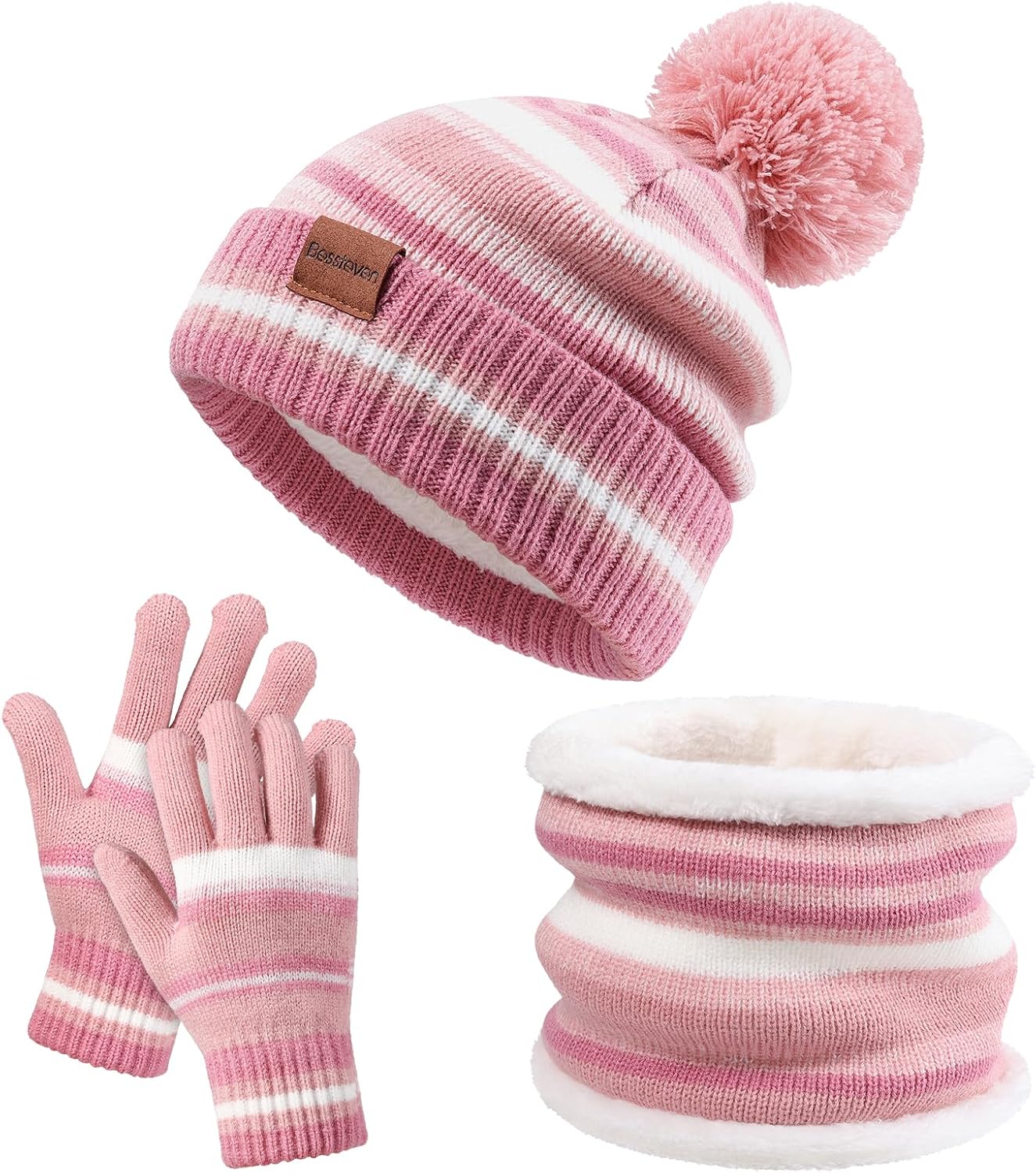 Kids Winter Hat Gloves Scarf Set: Girls Boys Beanie Hats Gloves Knit Set with Thick Warm Fleece Lined For Ages 6-10 Children