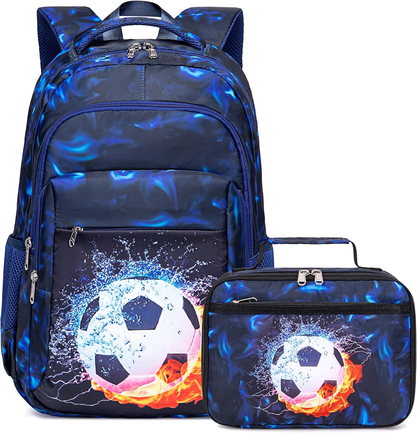 LEDAOU School Backpack Teen Boys Girls Kids Bookbag Elementary Middle School Bag for 8-14 (With Lunch Bag-Ball Blue-Football)