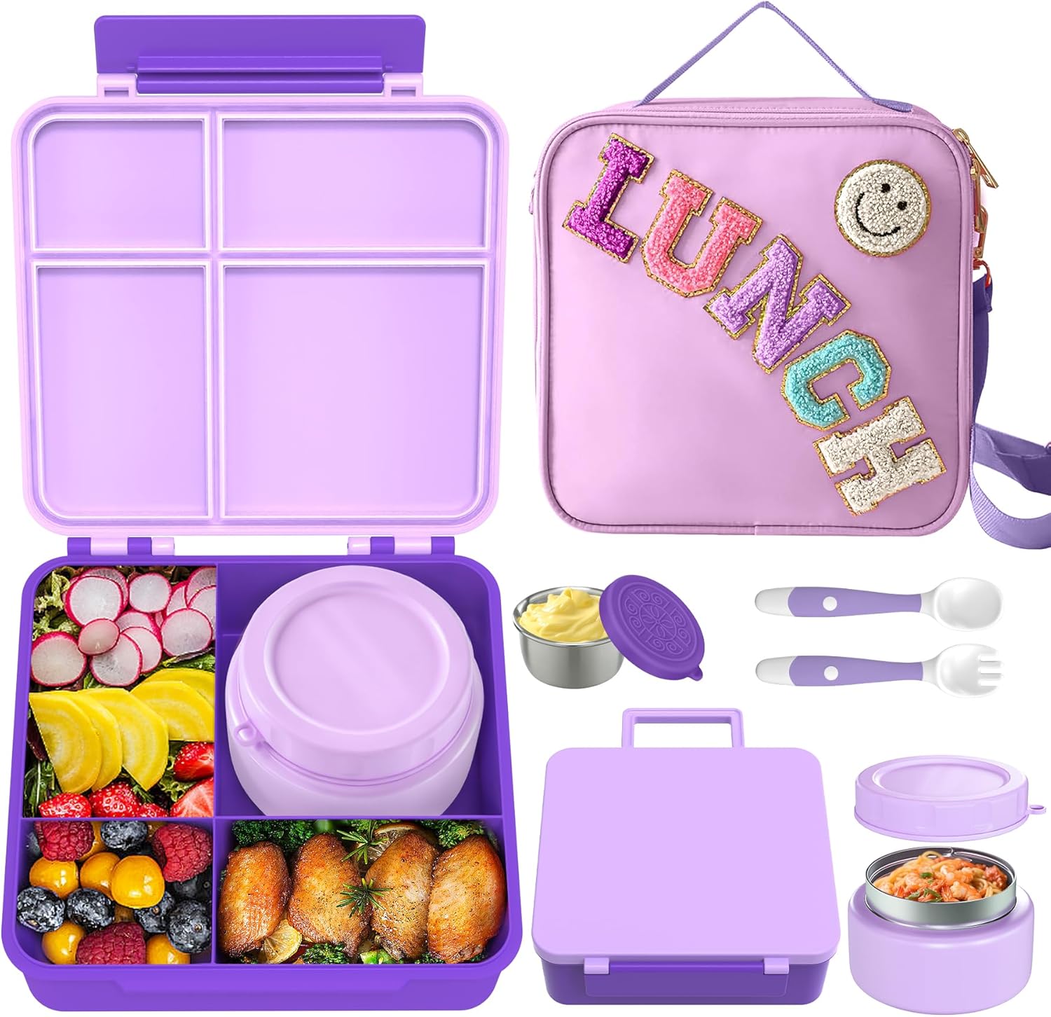 Aimsnk Lunch Box Kids, Bento Lunch Box for Kids with Thermo 8oz Food Jar, Leak Proof Hot Lunch Containers with 4 Compartment, Bento Box for Kid Toddler Insulated Lunch Bags for School (Purple)