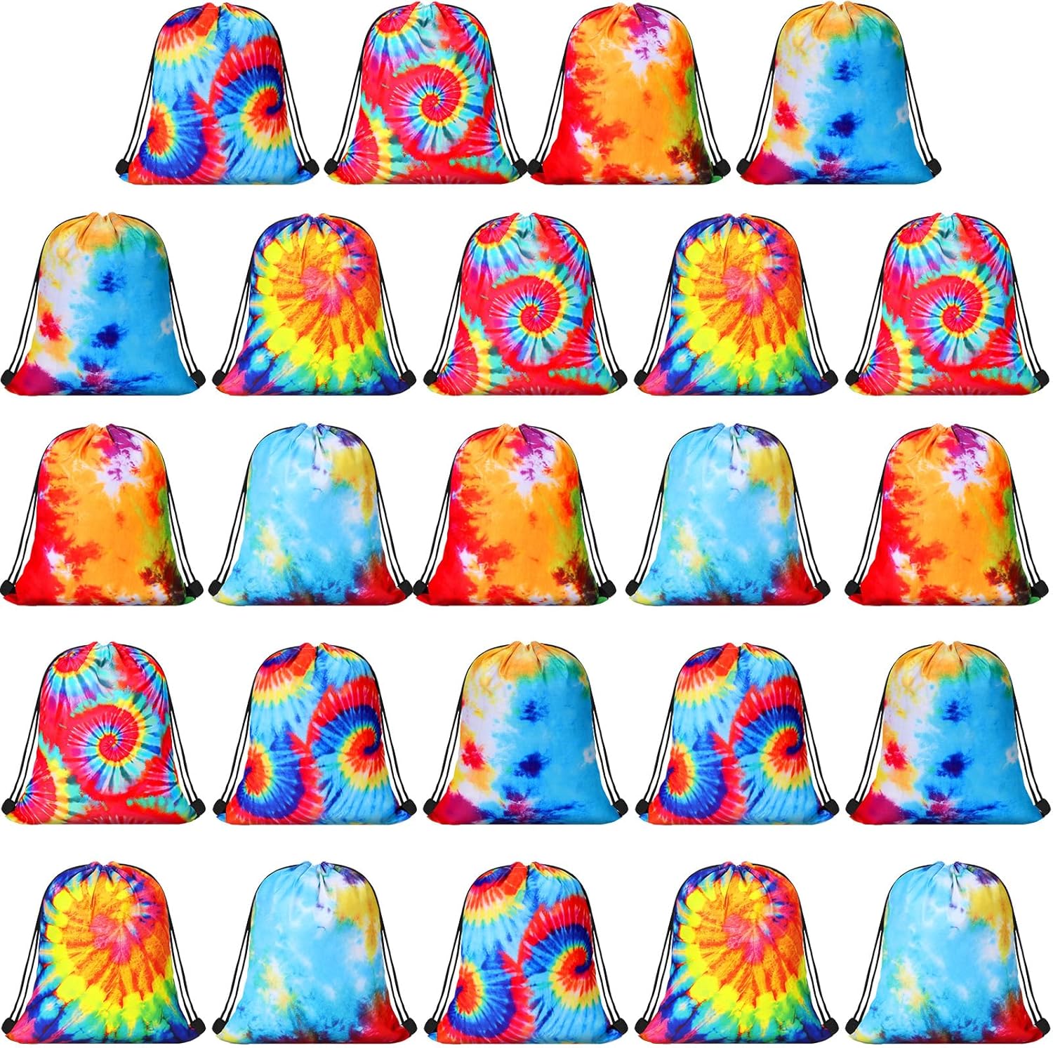 Paterr 24 Pcs Tie Dye Drawstring Backpack 11.81 x 9.84 Inches Tie Dye Goodie Treat Bags Colorful Art Sport Sackpack Adjustable Packable Candy Bags for Summer Kids Dancing Birthday Party Gift