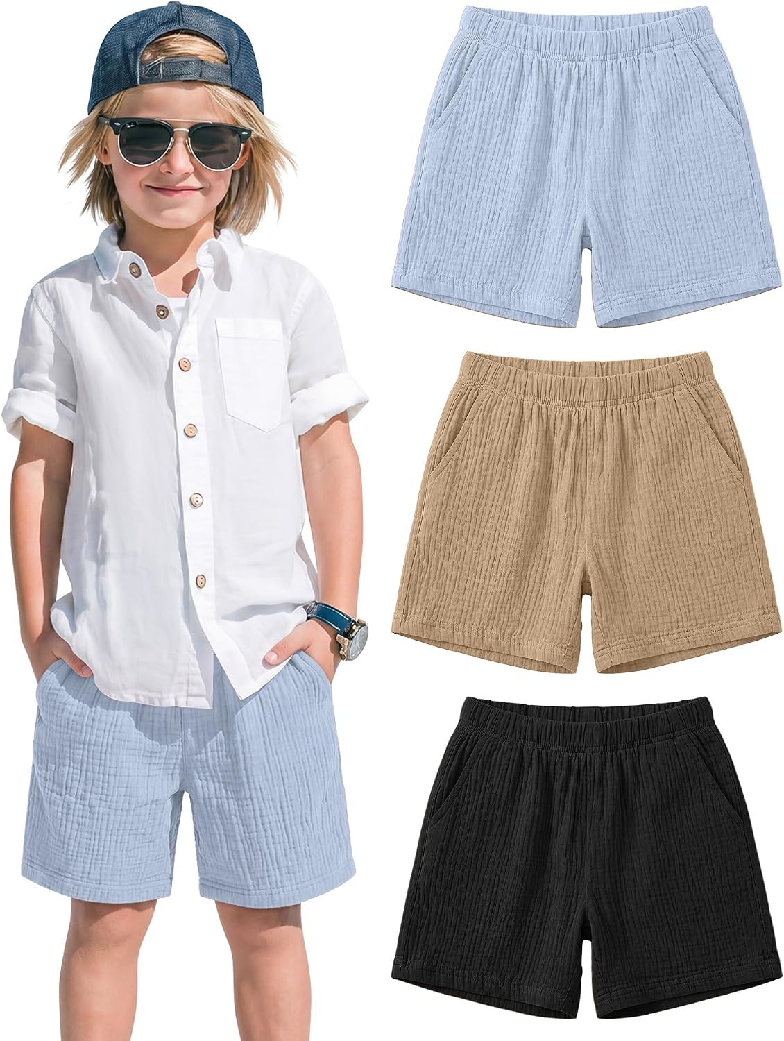 3 Pack Boys 100% Cotton Shorts Breathable Lightweight Summer Casual Shorts with Elastic Waist & Pockets for Kids