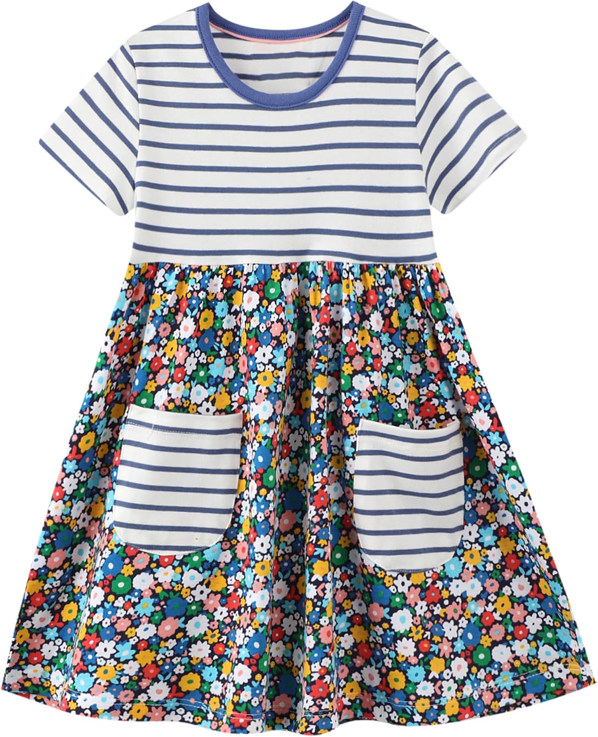 FreeLu Girls’ Cotton Short Sleeve Dresses Cute Stripe Cartoon Patterned Casual Sundress