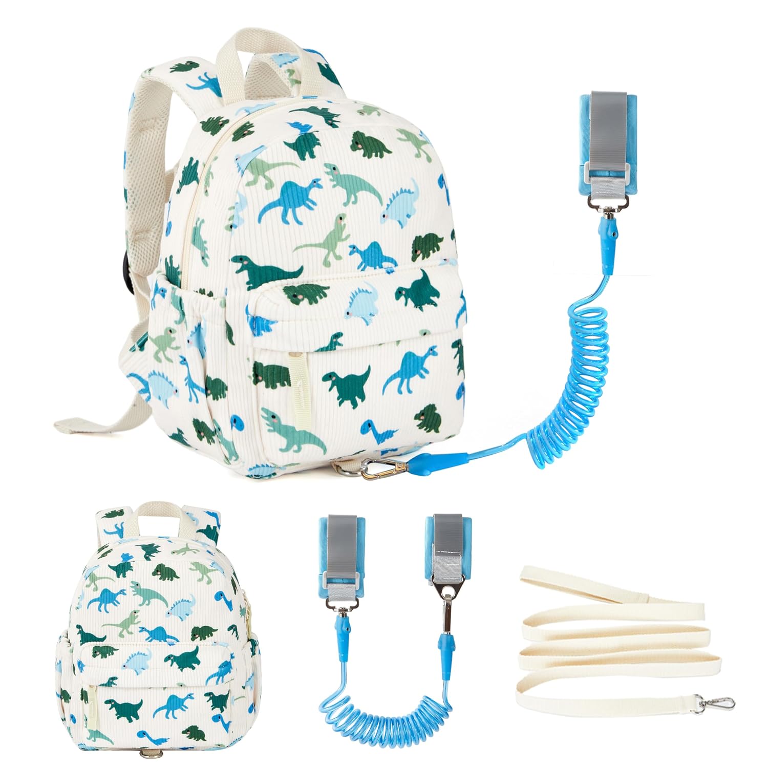Corduroy Toddler Backpack with Detachable Leash and Anti-Lost Wrist Link, Safety Harness Walking Backpack for Toddler Boys Girls 1-3, Cute Dinosaur Travel Backpack with Leash for Kids