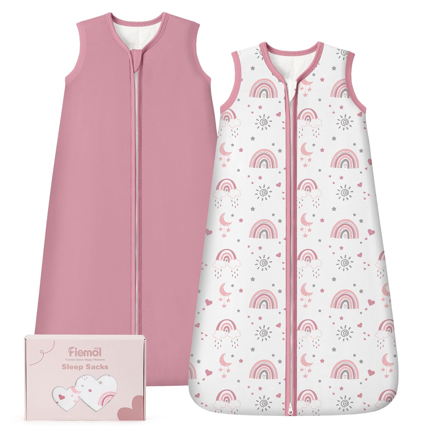 Rayon Made from Bamboo Baby Sleep Sack 6-12 Months, 1.0 Tog Baby Wearable Blanket, Soft Sleeping Bag for Newborn Infant Babies with 2-Way Zipper 2 Pack (Medium) Pink Rainbow