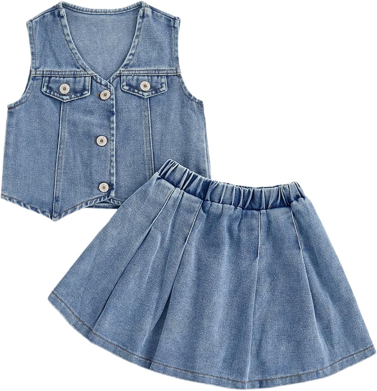 Kid Toddler Girls Denim Outfit Solid Color Button Down Vest Tops and Pleated Skirts Set 2Pcs Summer Clothes
