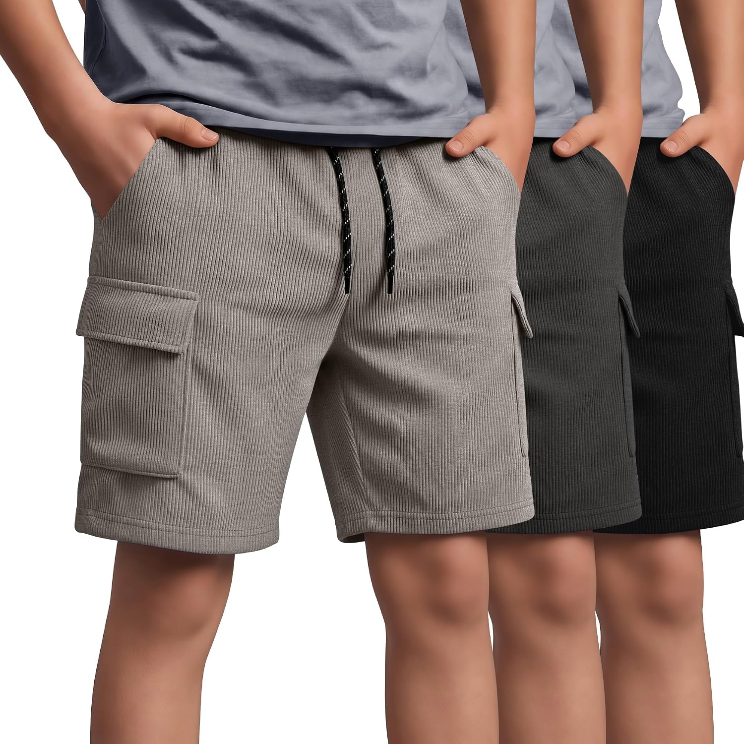 3 Pack Boys Cargo Shorts Kids Corduroy Beach Shorts Lightweight Drawstring Summer Athletic Bottoms with Pockets
