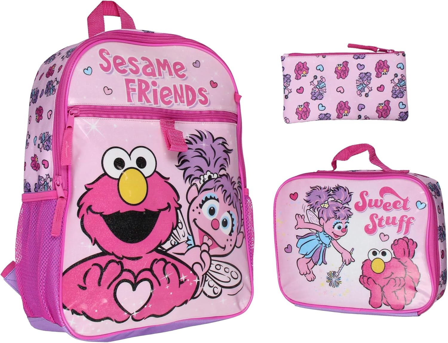 INTIMO Sesame Street Friends Elmo Abby Cadabby 3 PC Backpack Lunch Box Pencil Pouch 16″