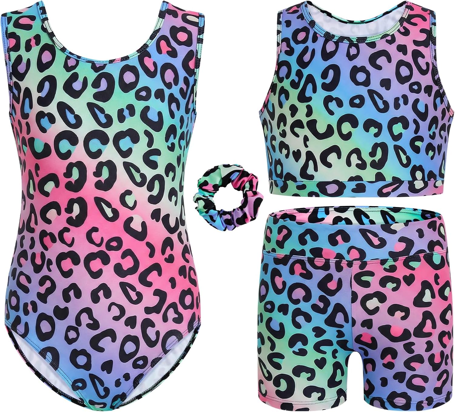 Gogokids Girls Gymnastics Leotards 4 Piece Set, Sleeveless Leotard with Shorts & Crop Top, Stretchy Dance Outfit for 5-12Y
