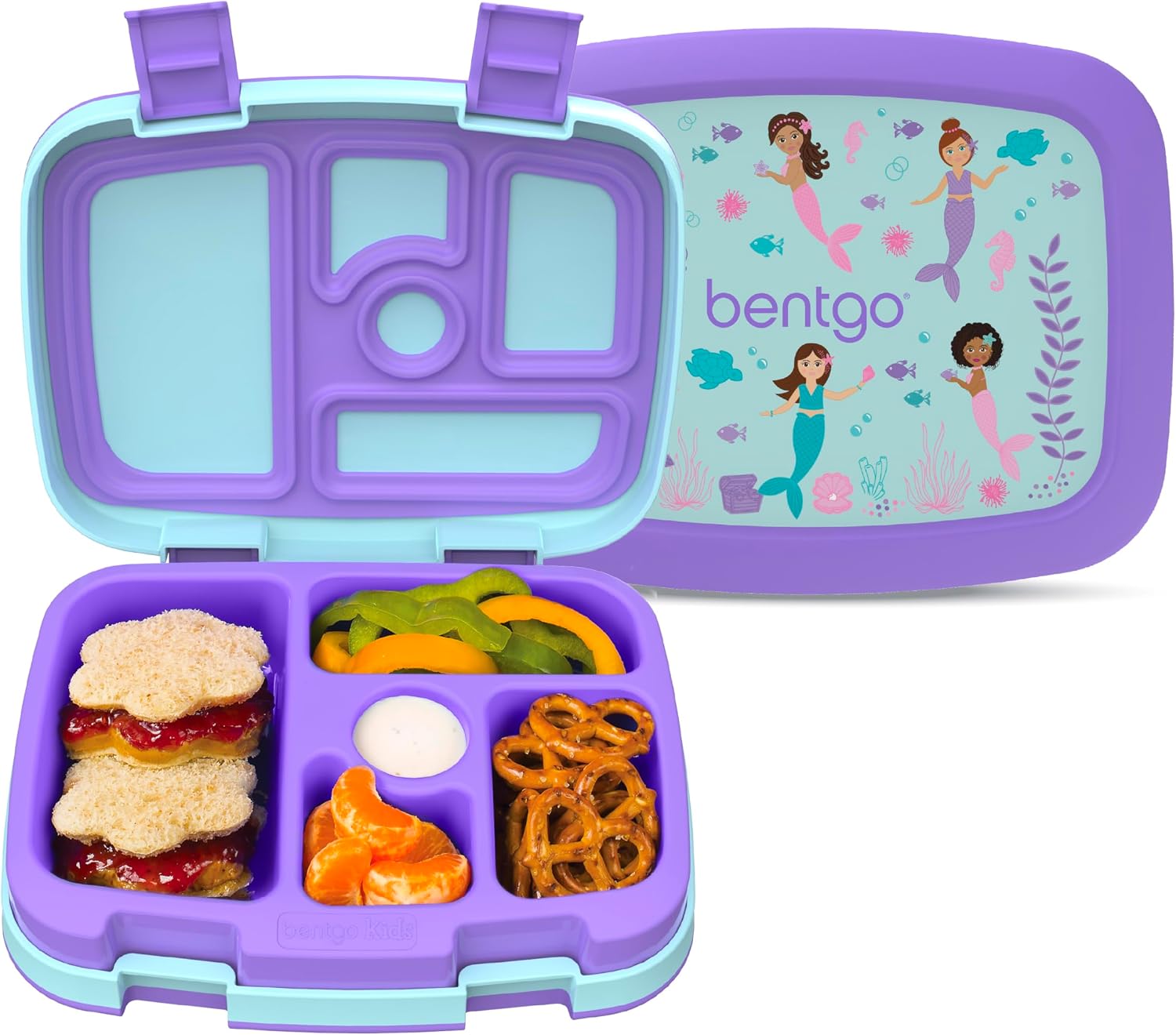 Bentgo Kids Prints Leak-Proof, 5-Compartment Bento-Style Kids Lunch Box – Ideal Portion Sizes for Ages 3-7, Durable, Drop-Proof, Dishwasher Safe, & PFAS & BPA-Free Materials (Mermaids in the Sea)
