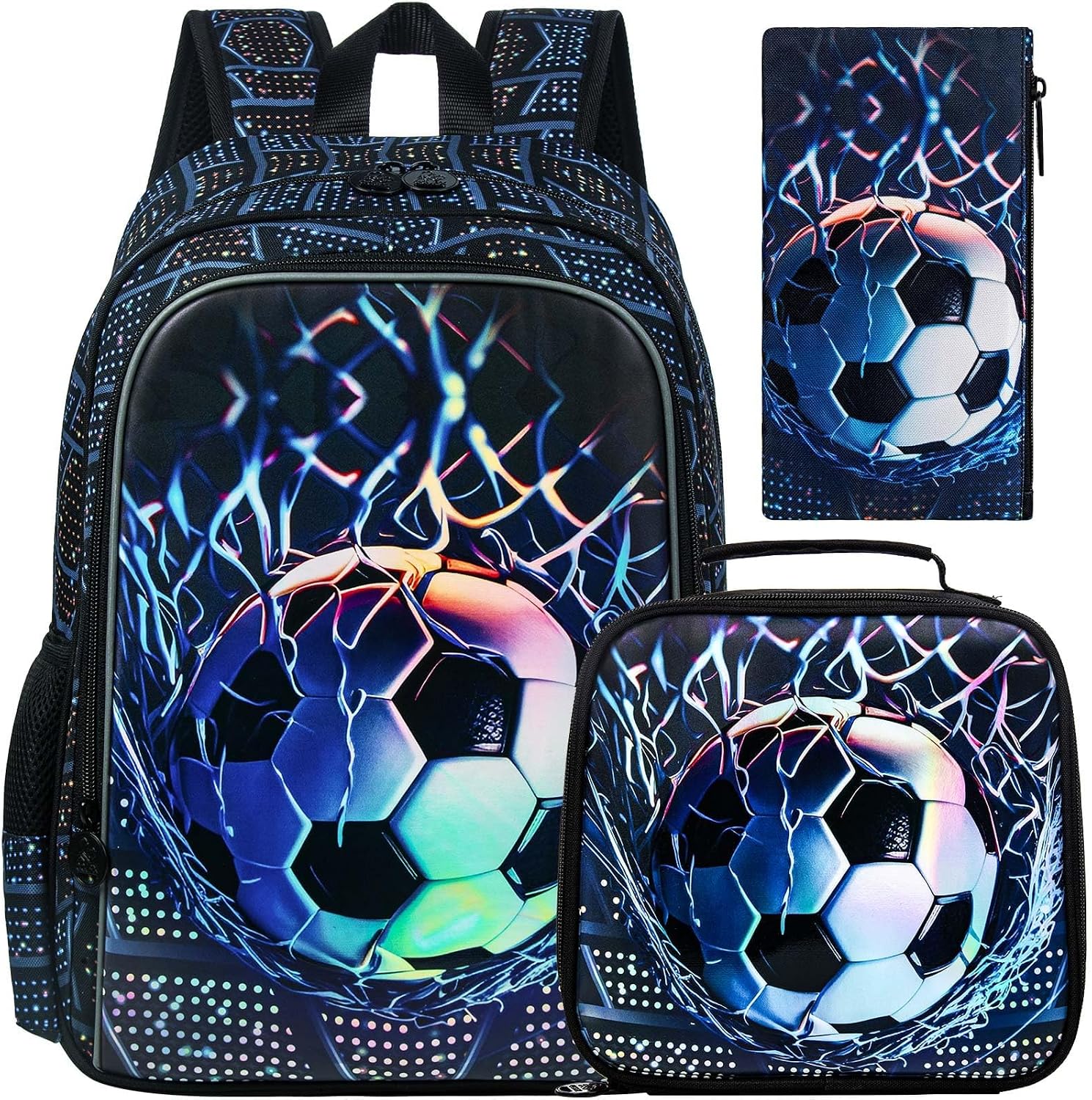 HPJGD 3PCS Kids Backpack for Boys, Water Resistant Soccer Bookbag Set with Lunch Box, Cute School Bag for Preschool Toddler