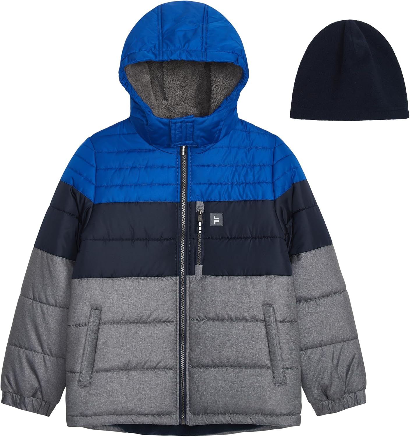 LONDON FOG Boys’ Heavyweight Hooded Puffer Jacket With Sherpa-lined Hood & Fleece Beanie