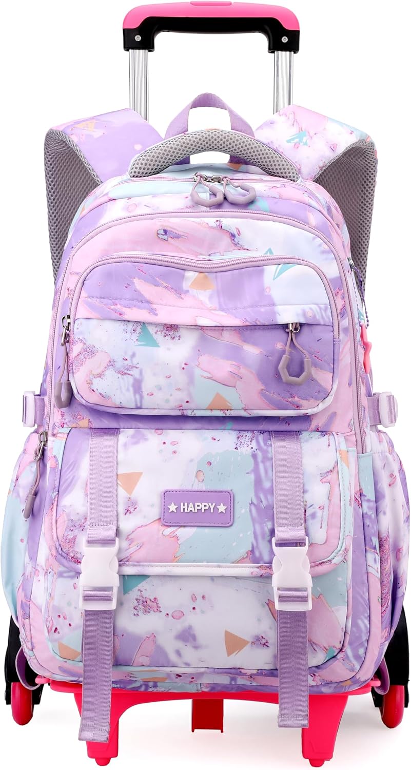 Kids Rolling Backpack for Girls School Backpack with Wheels for Girls Wheeled Bookbags Roller Trolley Bags for Primary Students, 6-Wheel Purple