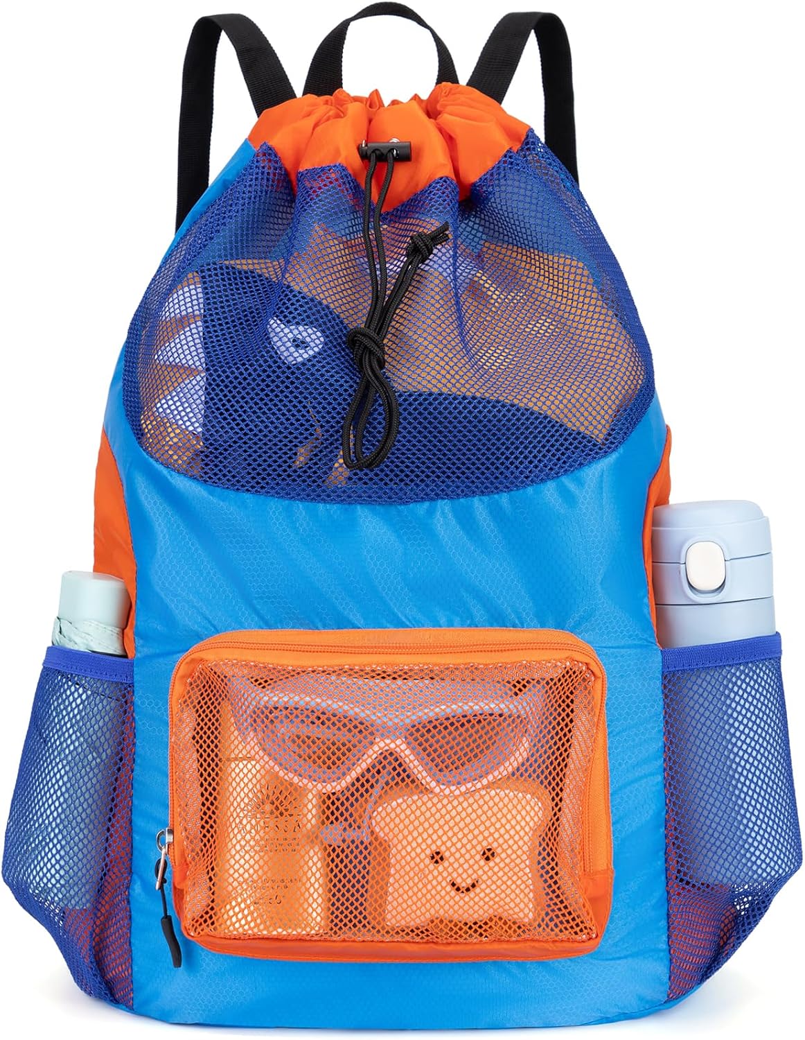 Swim Bag for Kids Mesh Beach Backpack for Boys Lightweight Drawstring Beach Bag Swimming Pool Sports Gym String Bag (Blue)