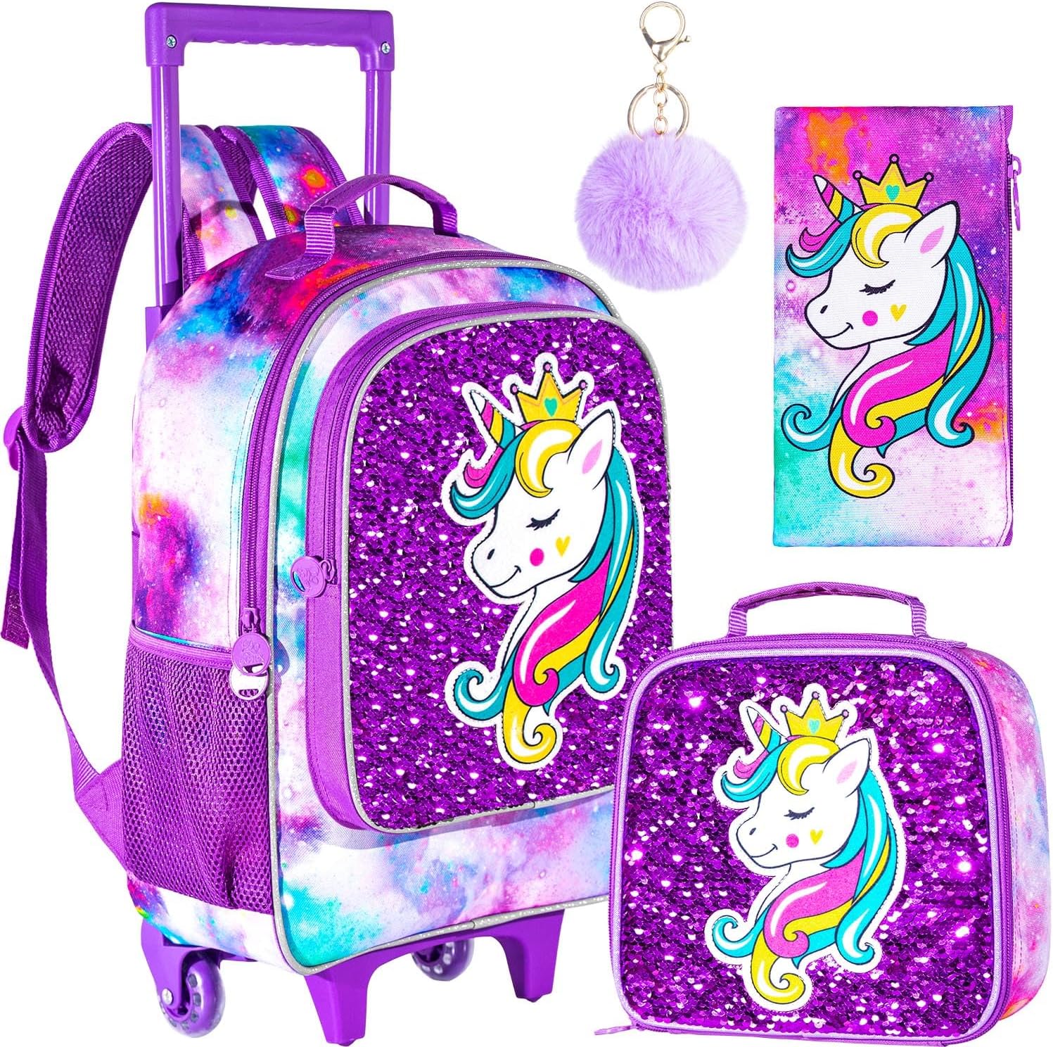 3Pcs Rolling Backpack for Girls, Kids Unicorn Roller Bookbag with Wheels, Wheeled School Bag Set for Elementary – Purple