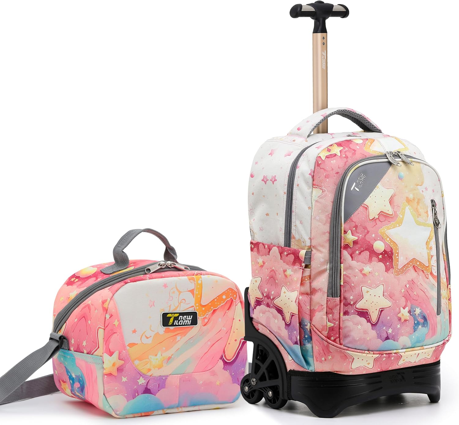 NEW TILAMI Girls 18 inch Rolling Backpack – Large Capacity, Waterproof, Adjustable Handle, Stylish Design, Ideal for School & Travel, Starshine