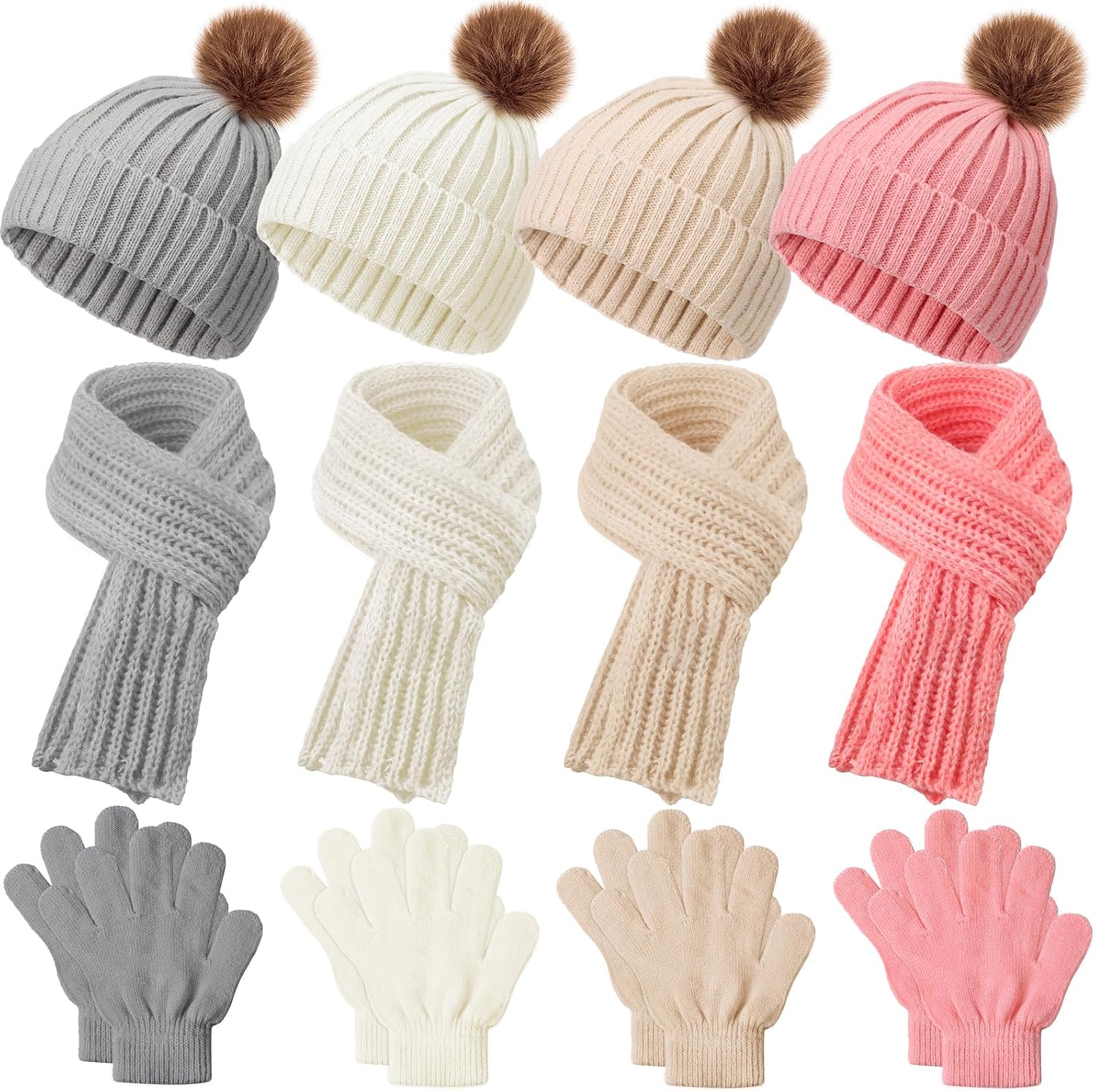 Liitrsh 4 Sets Kids Winter Hat Gloves Scarf Set Girls Boys Knit Hat Long Scarf Snow Gloves Outdoor for Toddler