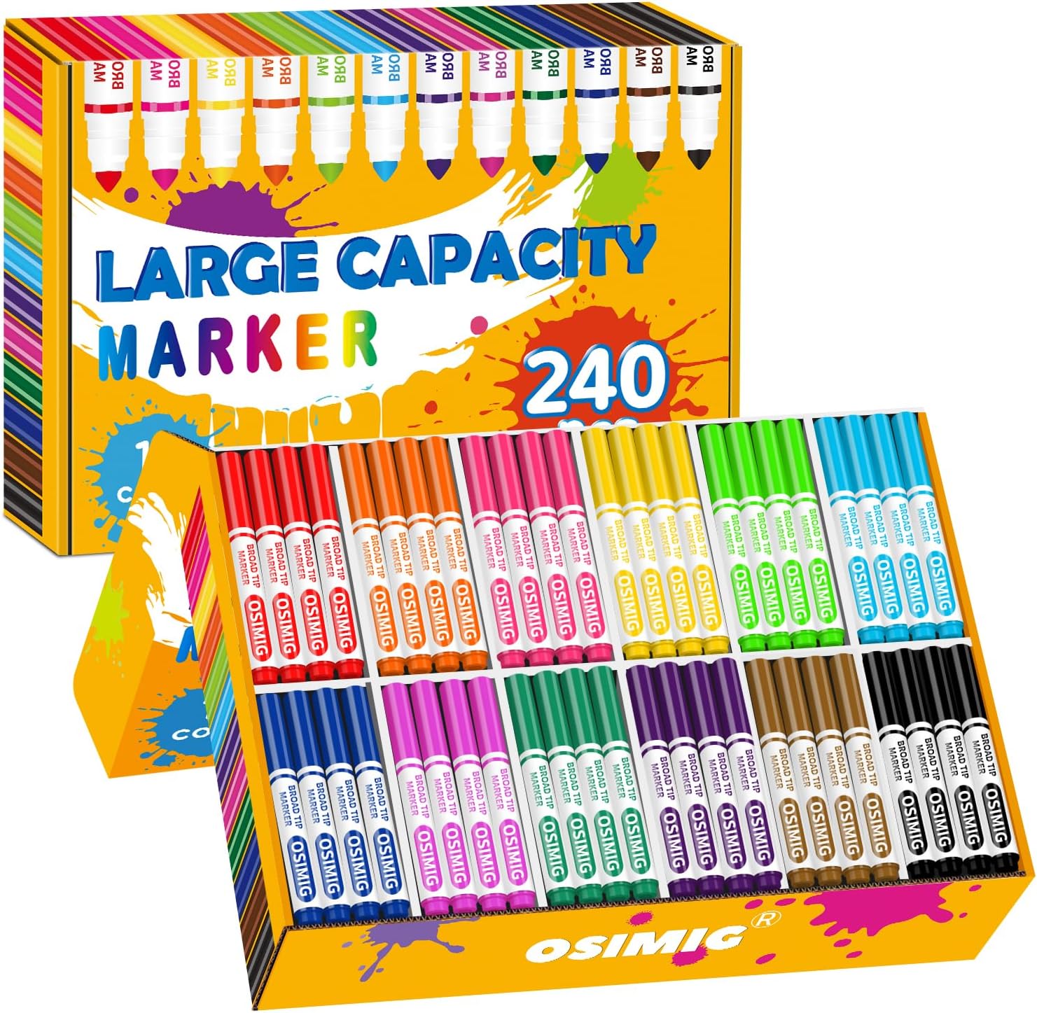 OSIMIG Washable Markers Bulk, 240 Count, 12 Assorted Colors, Markers for Classroom, Broad Line Conical Tip, Large Capacity, School Art Supplies for Kids