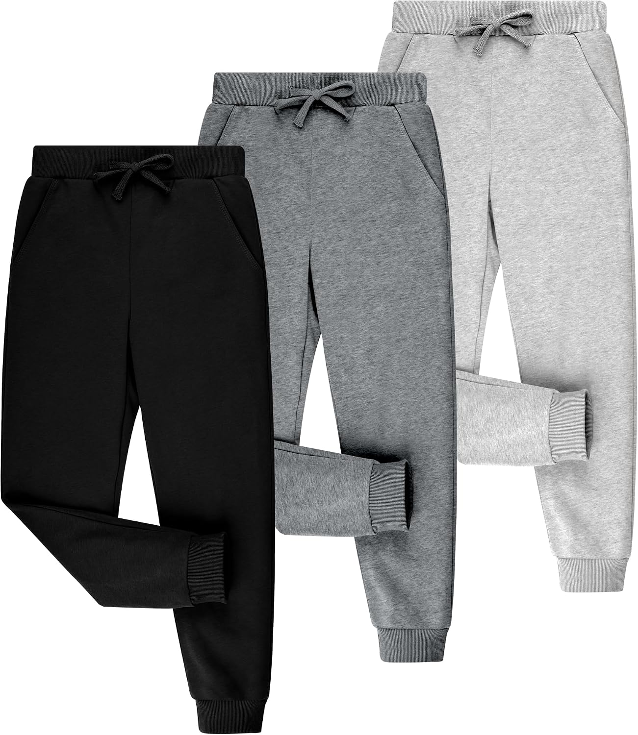 BIG ELEPHANT Boys Sweatpants 3-Pack, 100% Cotton Jogger Pants with Pockets & Drawstring, Youth Casual School Pants