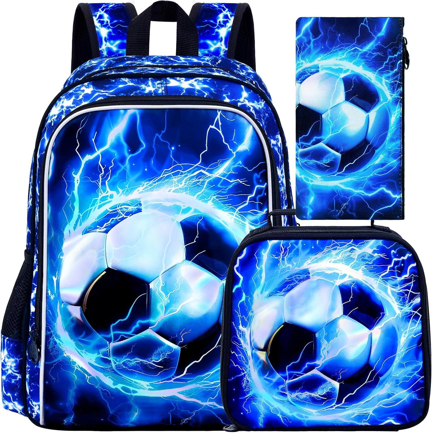 UFNDC 3PCS Boys Soccer Backpack, Kids Lightning Bookbag with Lunch Box, 17″ Water Resistant School Bag for Teenagers Elementary Middle