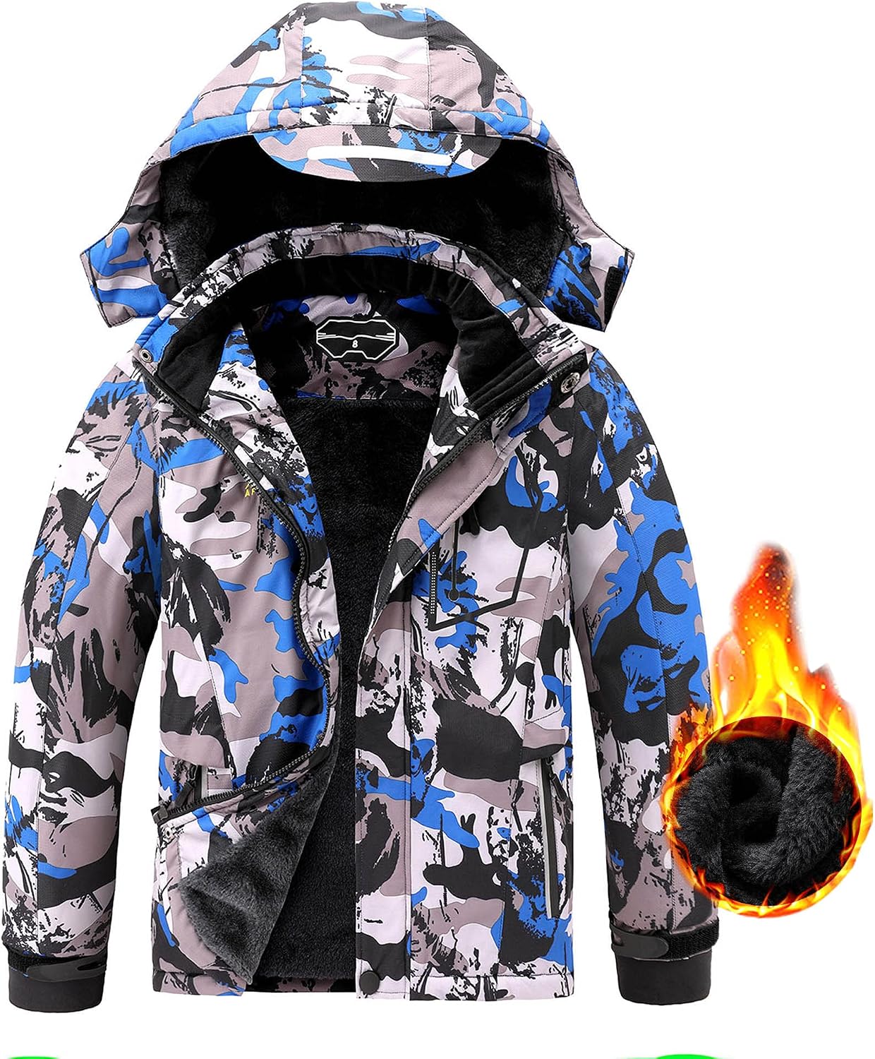 AFILOK Boy’s Ski Jacket Waterproof Breathable Kids Fleece Lined Windproof Hooded Snowboard Coats