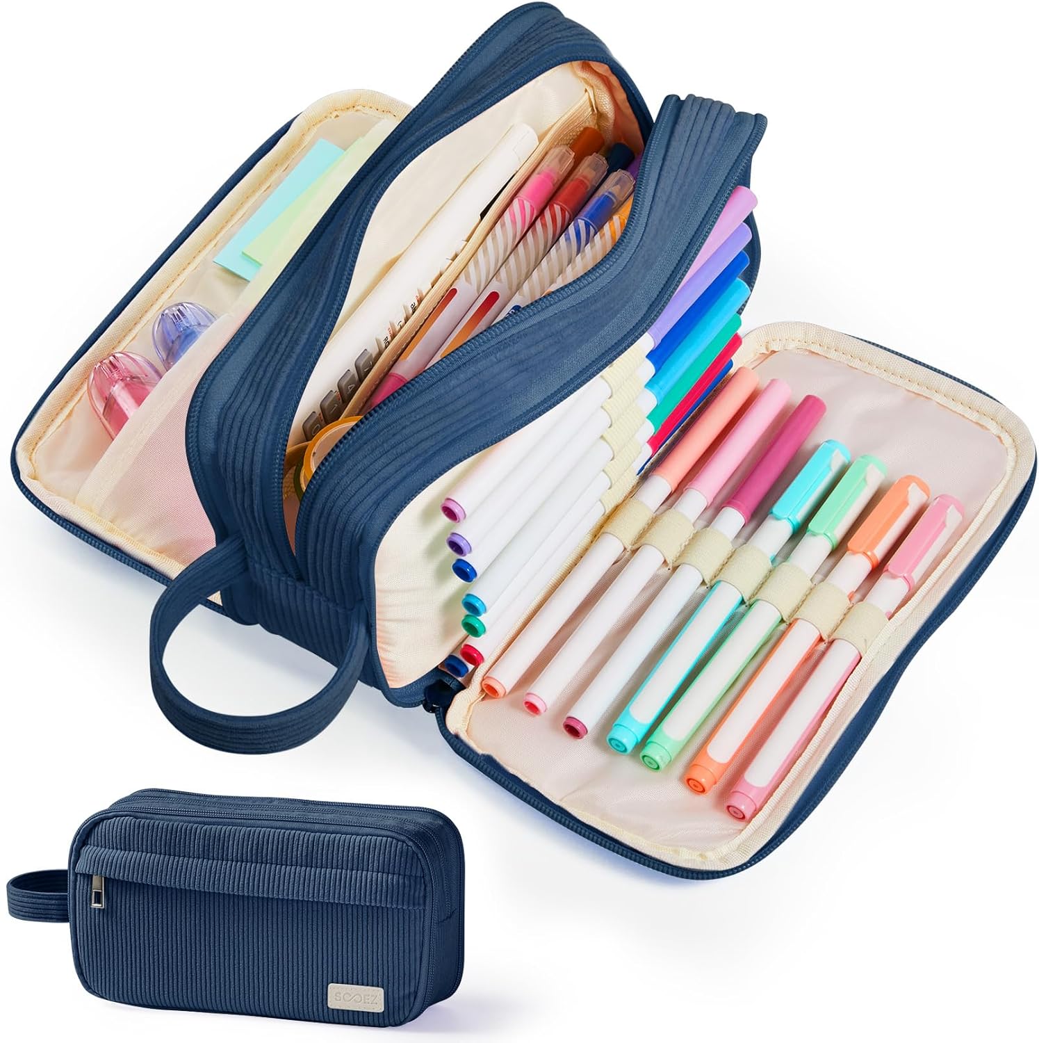 Sooez High Capacity Pencil Case, Soft Corduroy Pencil Pouch with 4 Compartments, Multiple Pockets, Large Bag with Sturdy Zipper, Cute Case Pouch Organizer for Student Teen Girls, Navy Blue
