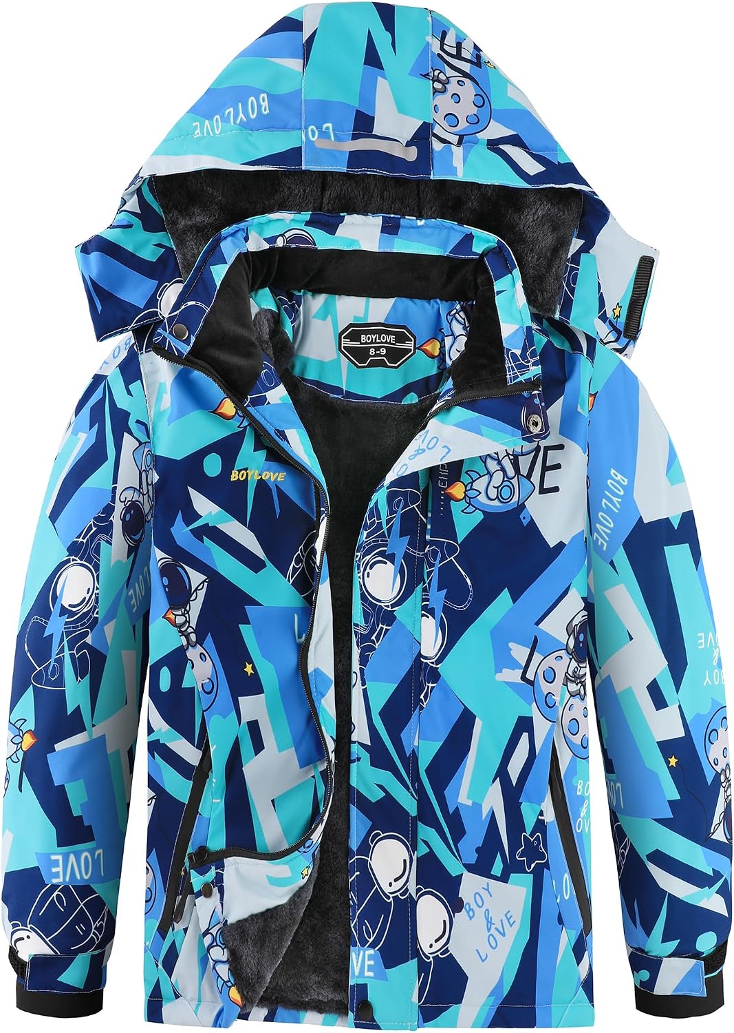 Boy’s Ski Jackets Waterproof Winter Coat Fleece Windproof Snowboarding Jacket with Detachable Hood