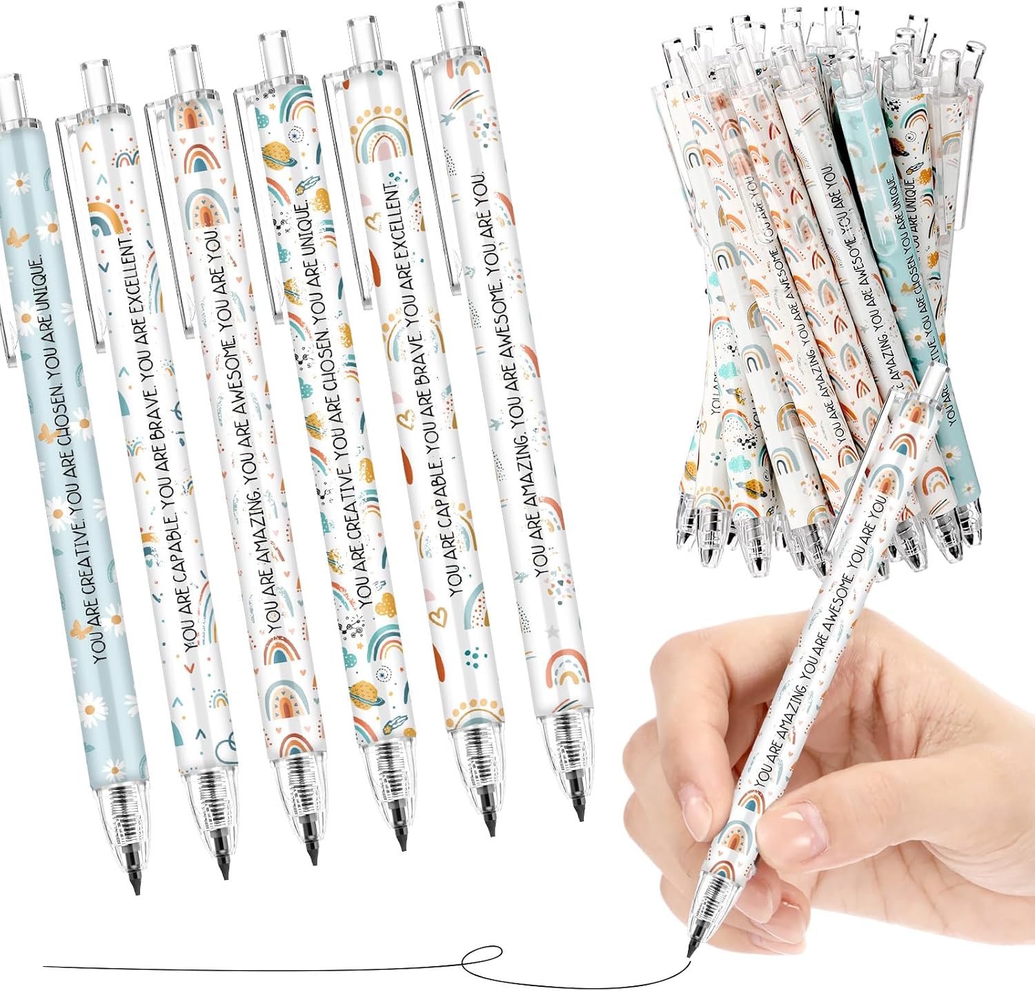 Sinload 60 Pcs Mechanical Pencil Bulk, 0.7 mm Cute Motivational Mechanical Pencil for Writing, Sketching, Drawing, Gifts from Teacher Reward Office Supplies Bee Party(Rainbow)