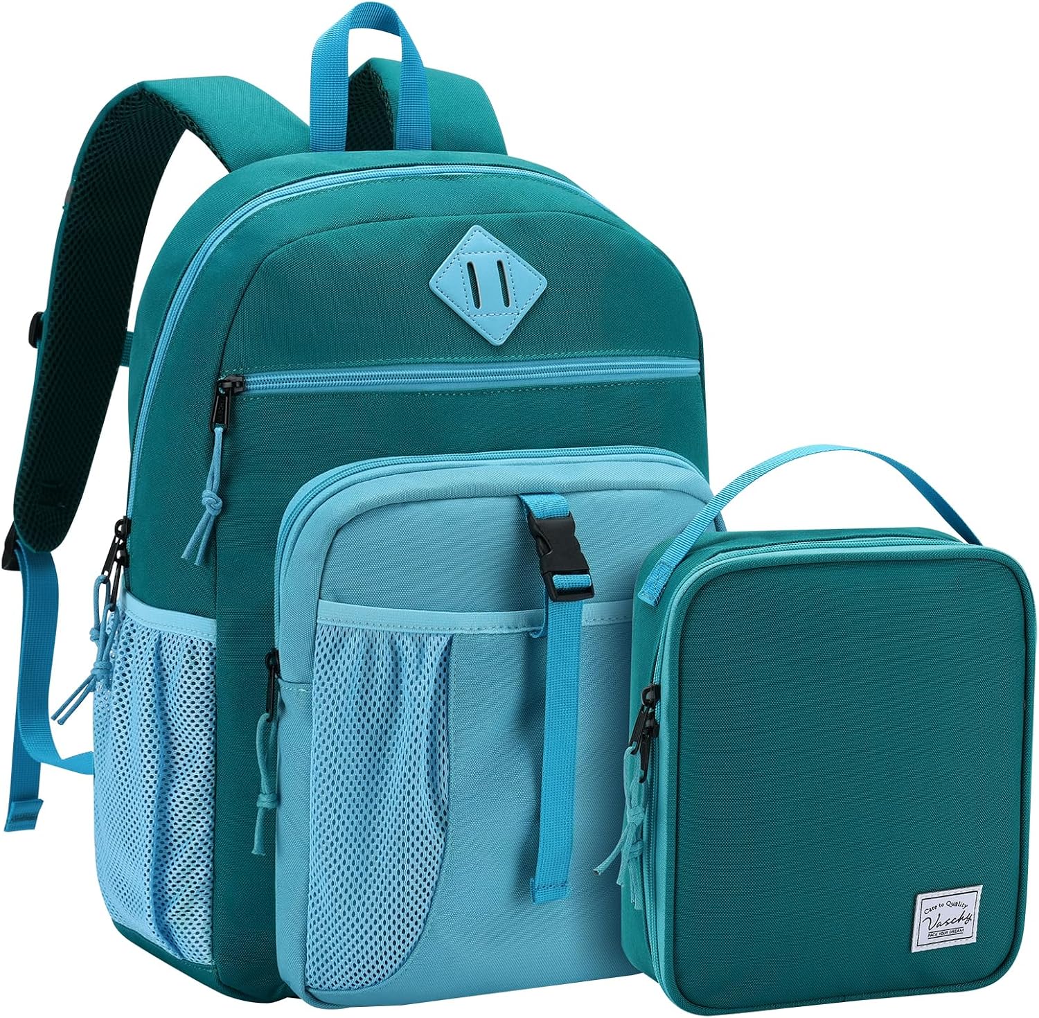 VASCHY Kids Backpack Lunch Bag Set, Girls 2-1 School Bookbag Insulated Lunch Box for Toddlers Preschool,Daycare,Kindergarten,Elementary School Green