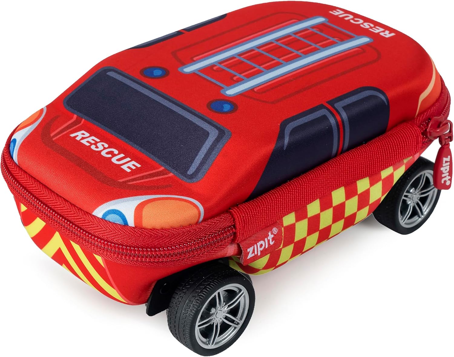 ZIPIT Fire Truck Pencil Case for Boys, Large Capacity Pencil Box for School with Spinning Wheels, Red