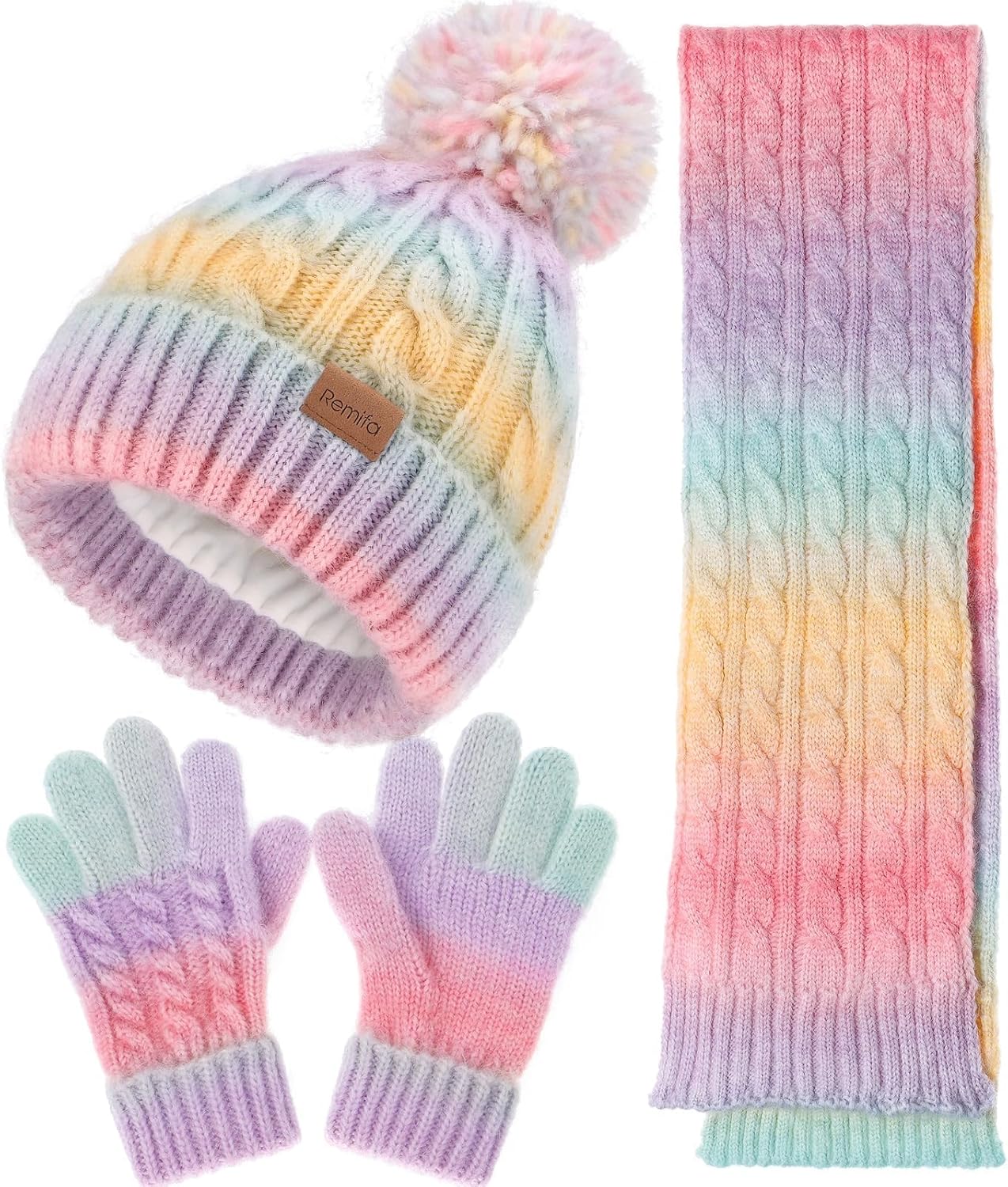 Remifa Kids Winter Hat Scarf Gloves Set, Girls Boys Toddler 8% Wool Warm Fleece Beanie Knit Neck Scarf Mittens Christmas Gift