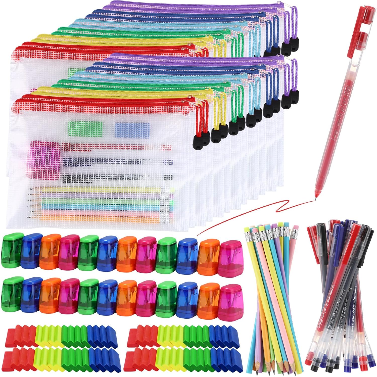 Gilprop 312 Pcs/24 Set Back to School Supplies Kit, Mesh Zipper Pouch Bags with Pencils, Erasers, Sharpeners, Pens – Bulk School Supplies for Classroom & Office Use