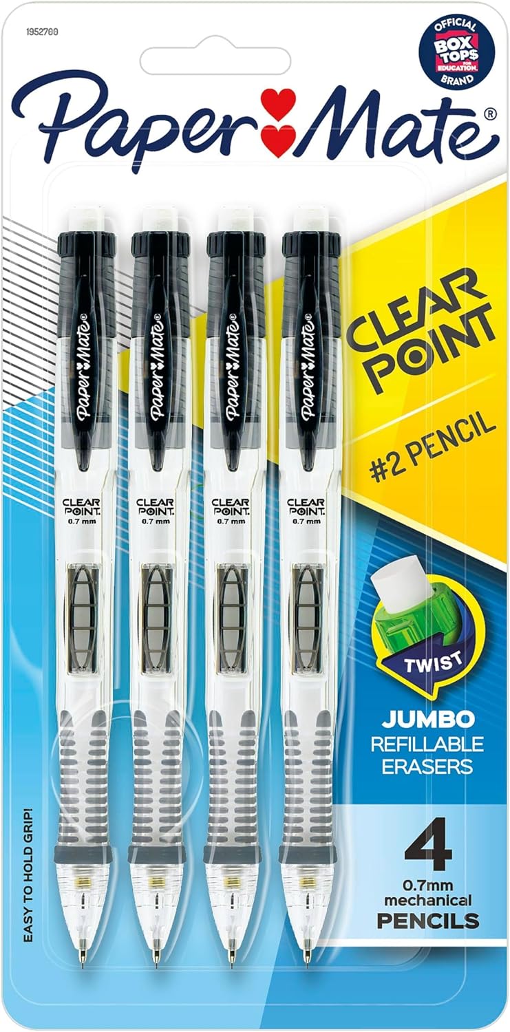 Paper Mate Clearpoint Mechanical Pencils, 0.7mm HB #2 Lead, Black Barrels, 4 Count – School Supplies, Note Taking