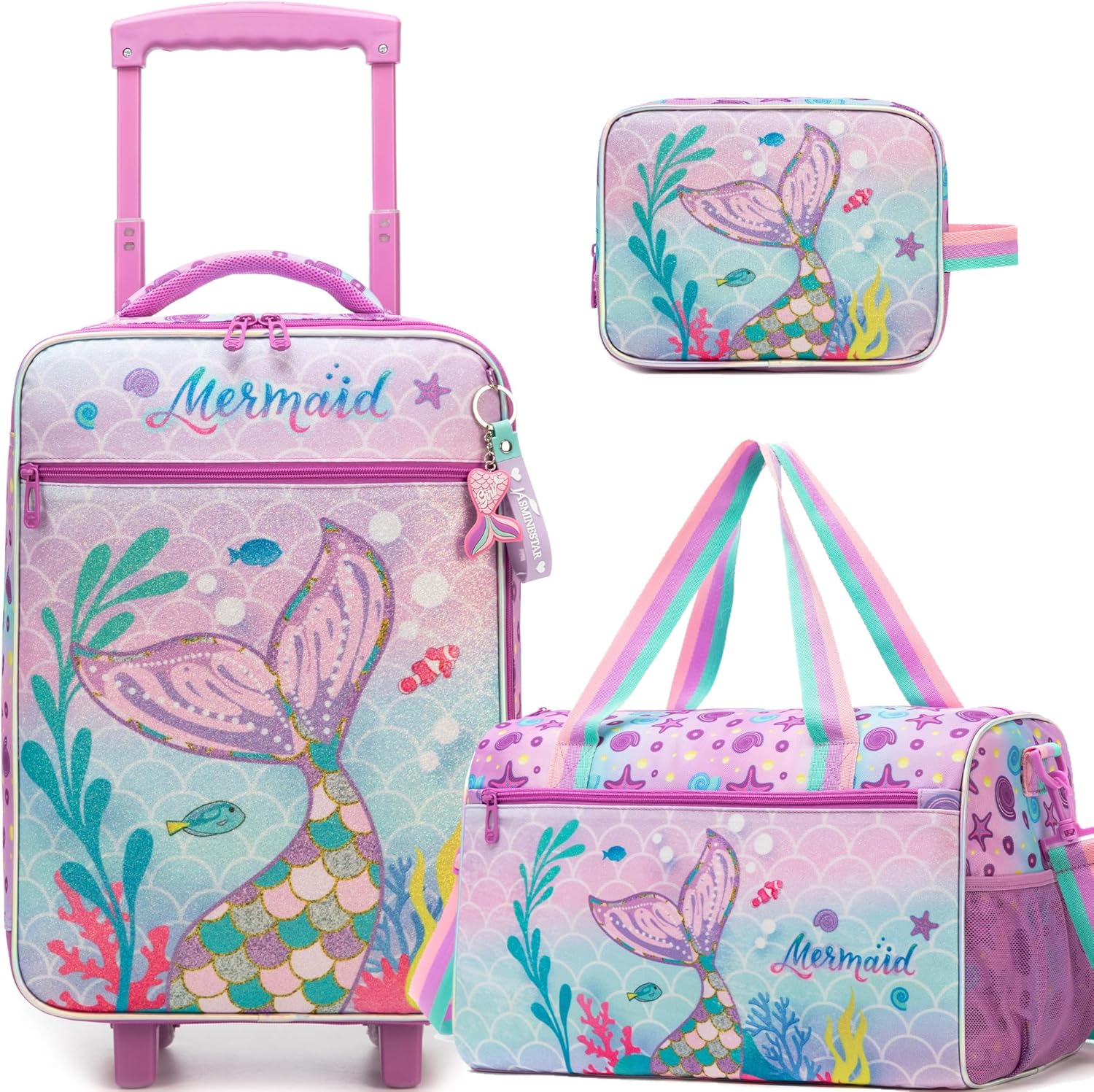 Kids Luggage Set with Wheels Girls Cute Mermaid Travel Softside Suitcases 16″ Carry on Suitcase with Duffle Bag Girls Luggage Sets Airline Approved