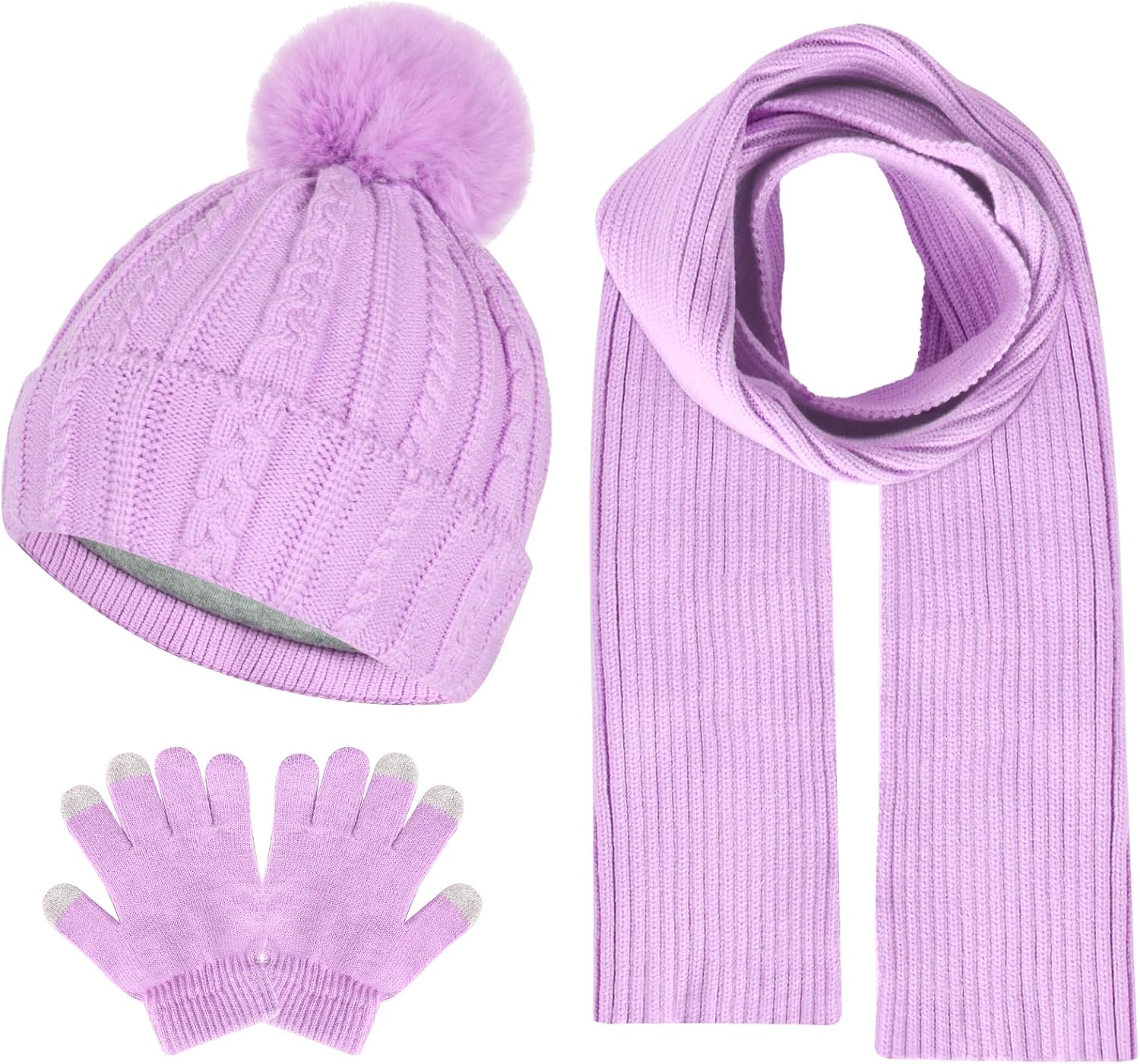 Kids Winter Hat Gloves Scarf Set Winter Knit Beanie Cap with Pompom Scarf Gloves Warm Set for Toddlers Boys Girls Ages 2-8