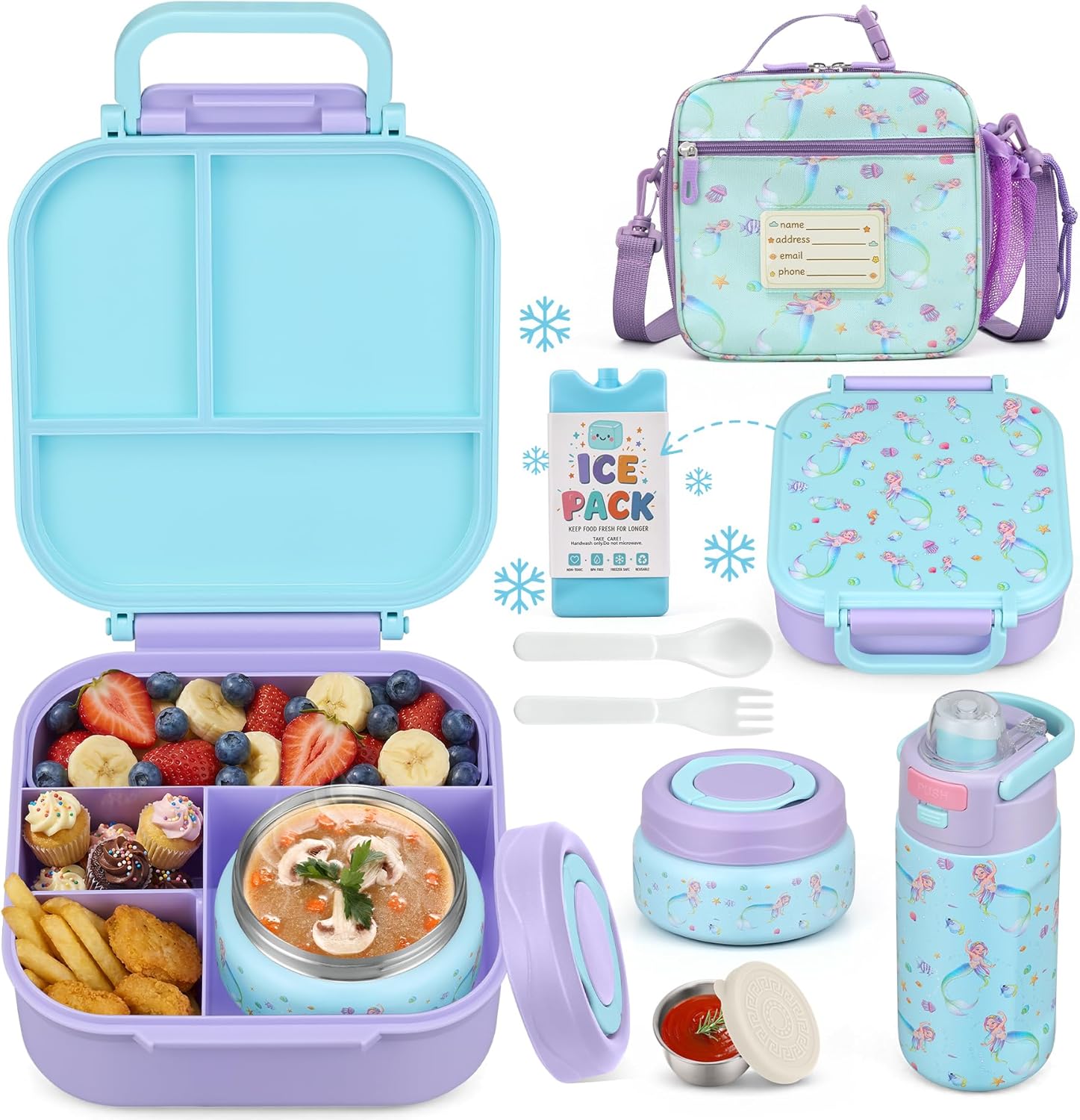 Bento Lunch Box for Kids with 7oz Soup Thermo,Insulated Stainless Steel Kids Water Bottle with Straw and Insulated Lunch Bag,Leak-Proof Lunch Food Container with Ice Pack for School (Purple-Mermaid)