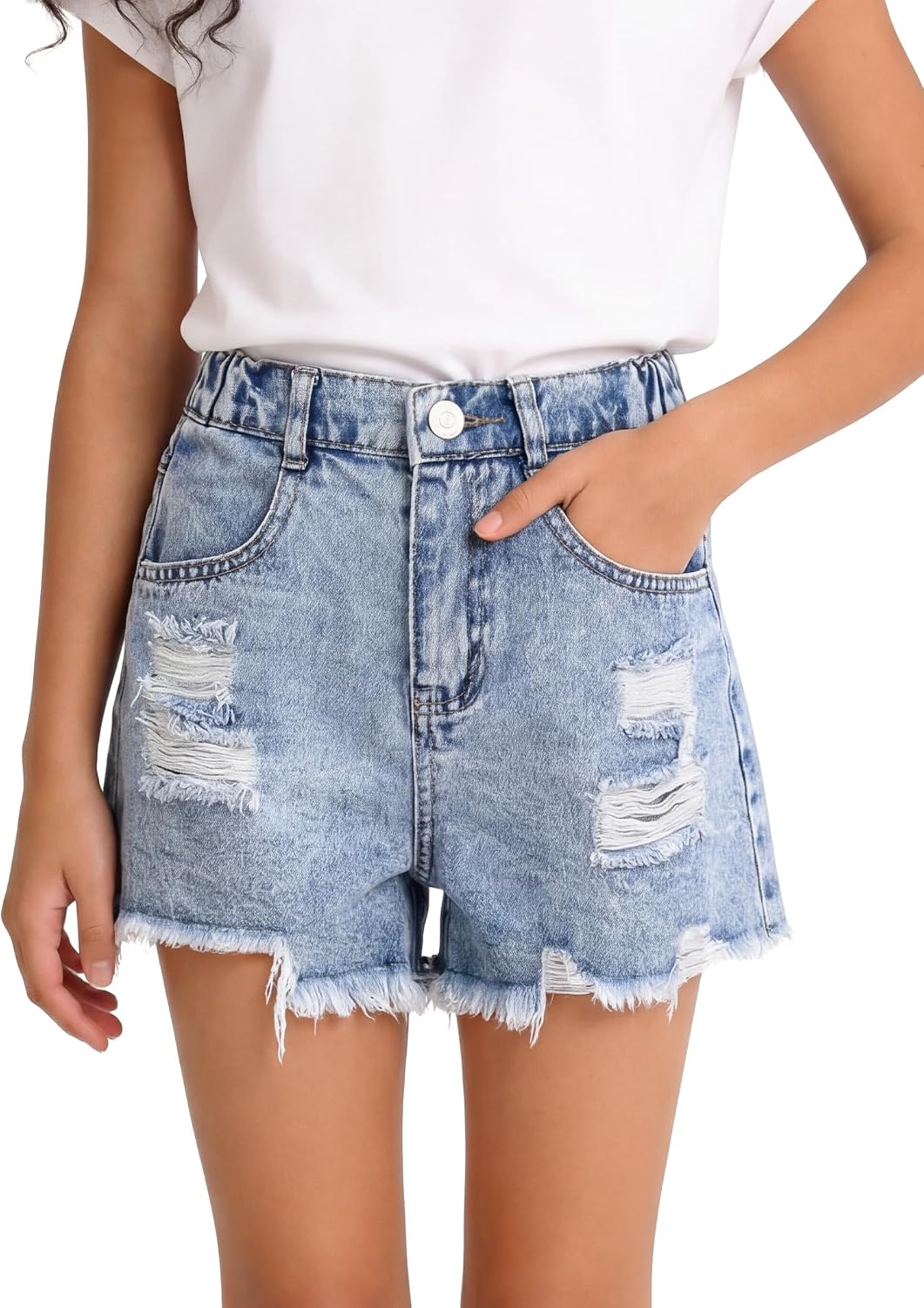 PATPAT Girls Ripped Jean Shorts 5-14Y, Y2K Vintage Mid Waist Straight Leg Denim Shorts with Elastic Waistband & Frayed Hem