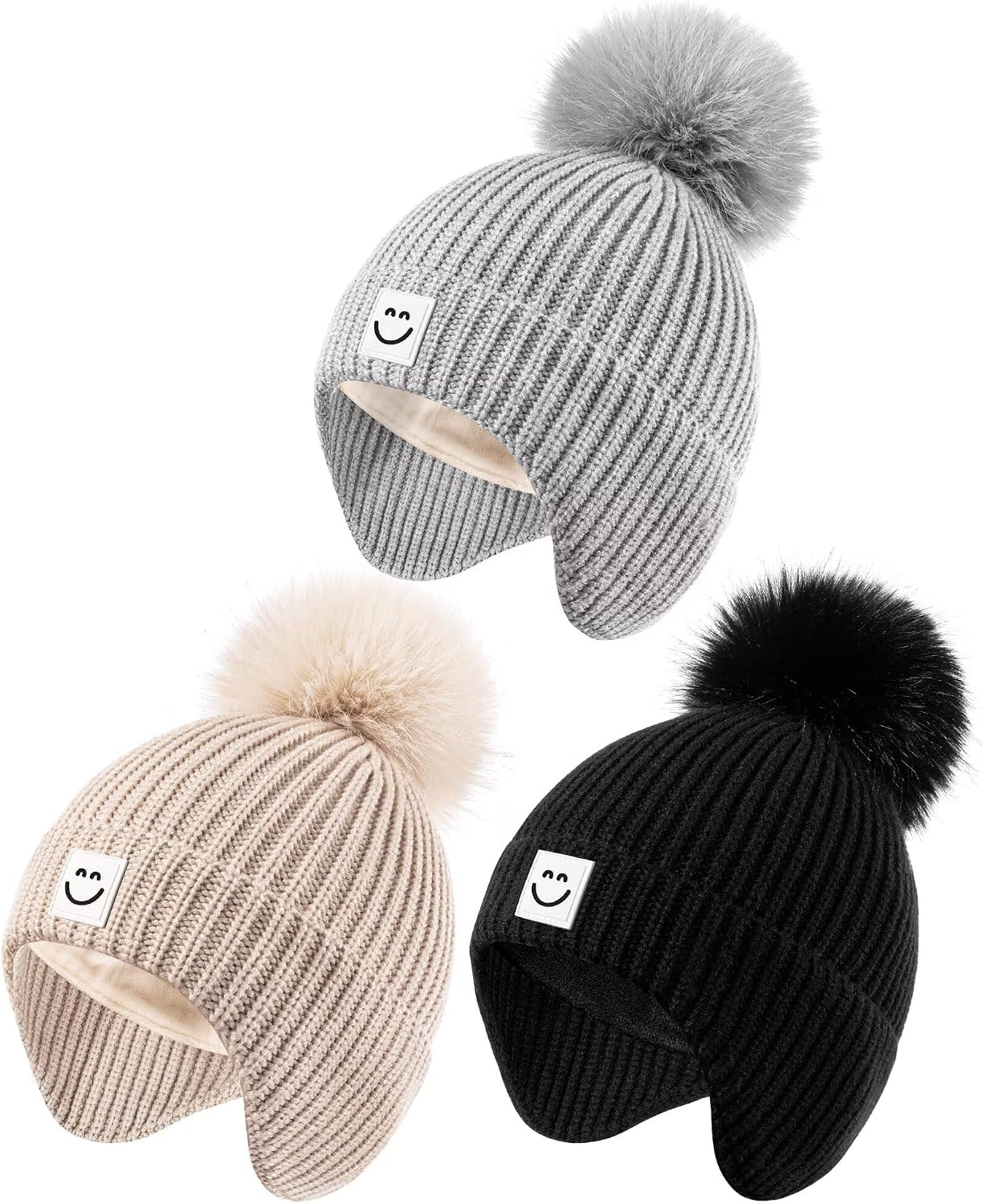 Alepo 3 Pack Baby Winter Hats with Earflaps, 2 Size Kids Pompom Beanie for Toddler Children, Smiley Face Hat for Girls Boys