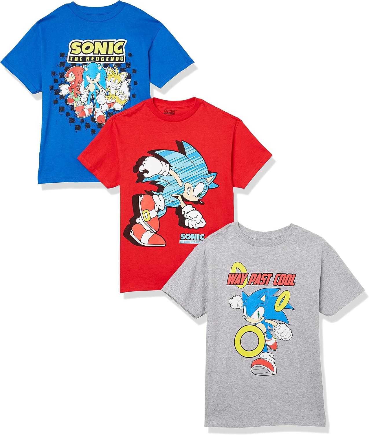 SEGA Boys Sonic The Hedgehog 3-Pack Tee Bundle, Sonic, Tails, Knuckle T Shirt, Red Heather Grey Royal