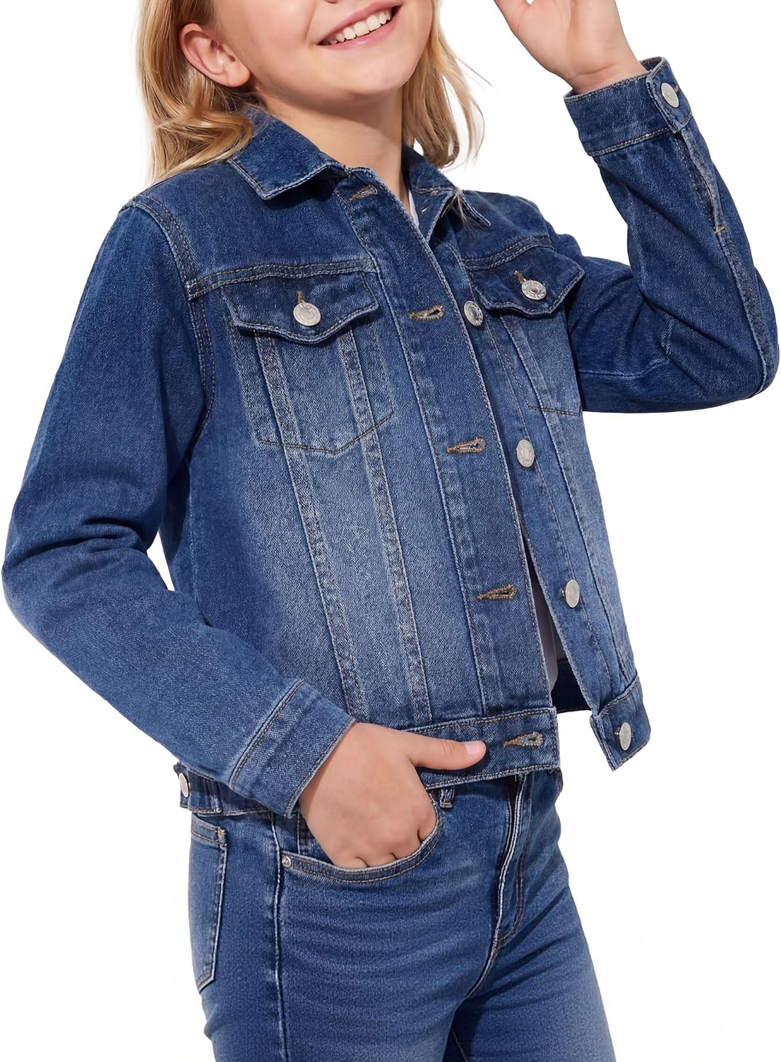 PATPAT Girl’s Basic Denim Jacket with Flap Pocket Button，5-14Y