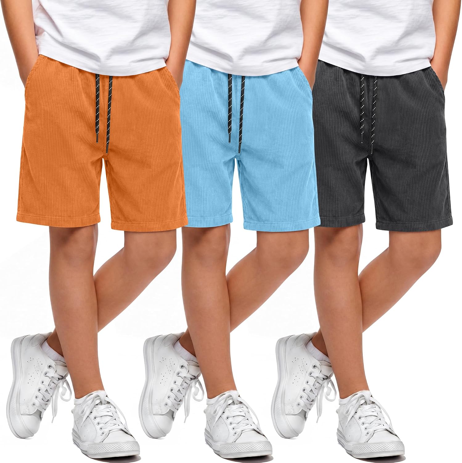 3 Pack Boys Shorts Corduroy Lightweight Beach Shorts Elastic Waist Drawstring Summer Athletic Bottoms with Pockets
