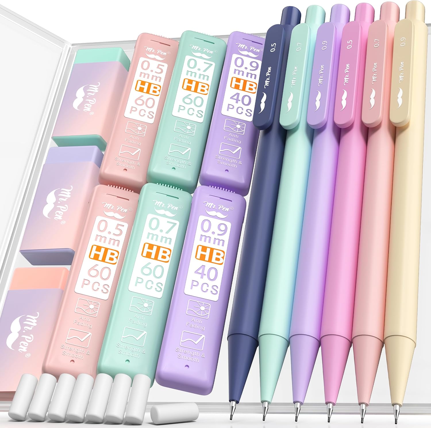 Mr. Pen- Pastel Mechanical Pencil Set with Lead Refills & Erasers, 6 Pack, 3 Sizes, 0.5 0.7 & 0.9mm, 6x Tubes HB Lead Refill, 3x Eraser for School Supplies, Students, Drawing & Sketching