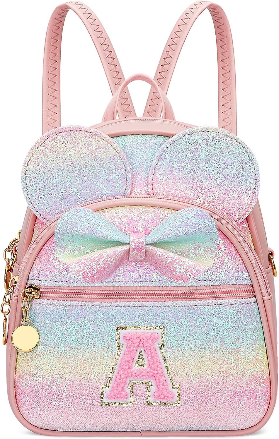 KKXIU Initial Bowknot Mini Backpacks for Girls Women, Small Cute Backpack Purse, Personalized Birthday Gifts for Toddler, Kids and Teen Girls(A, Rainbow)